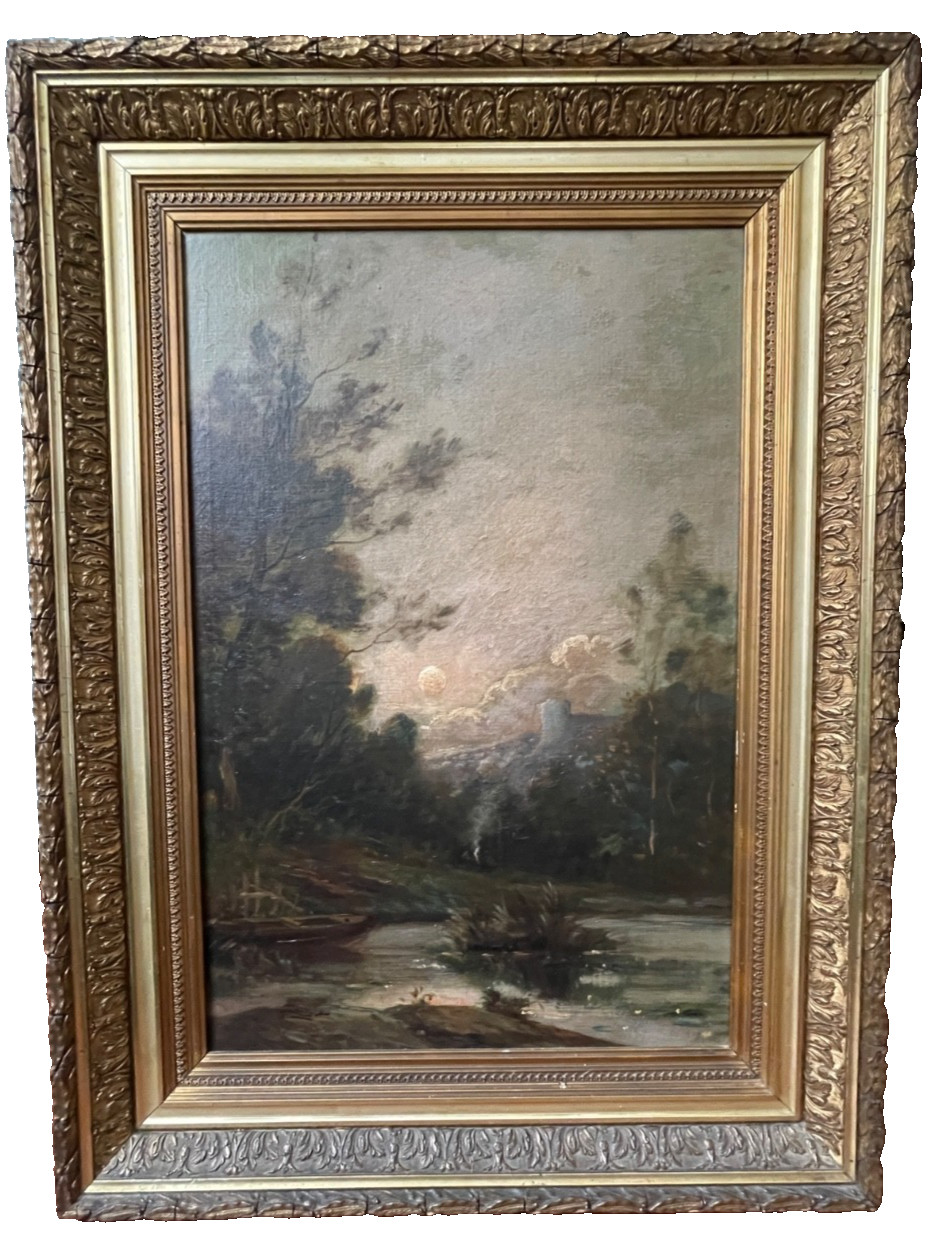 19th Barbizon School Moonlight Lake Peasants Antique Oil Painting DUPRE ROUSSEAU