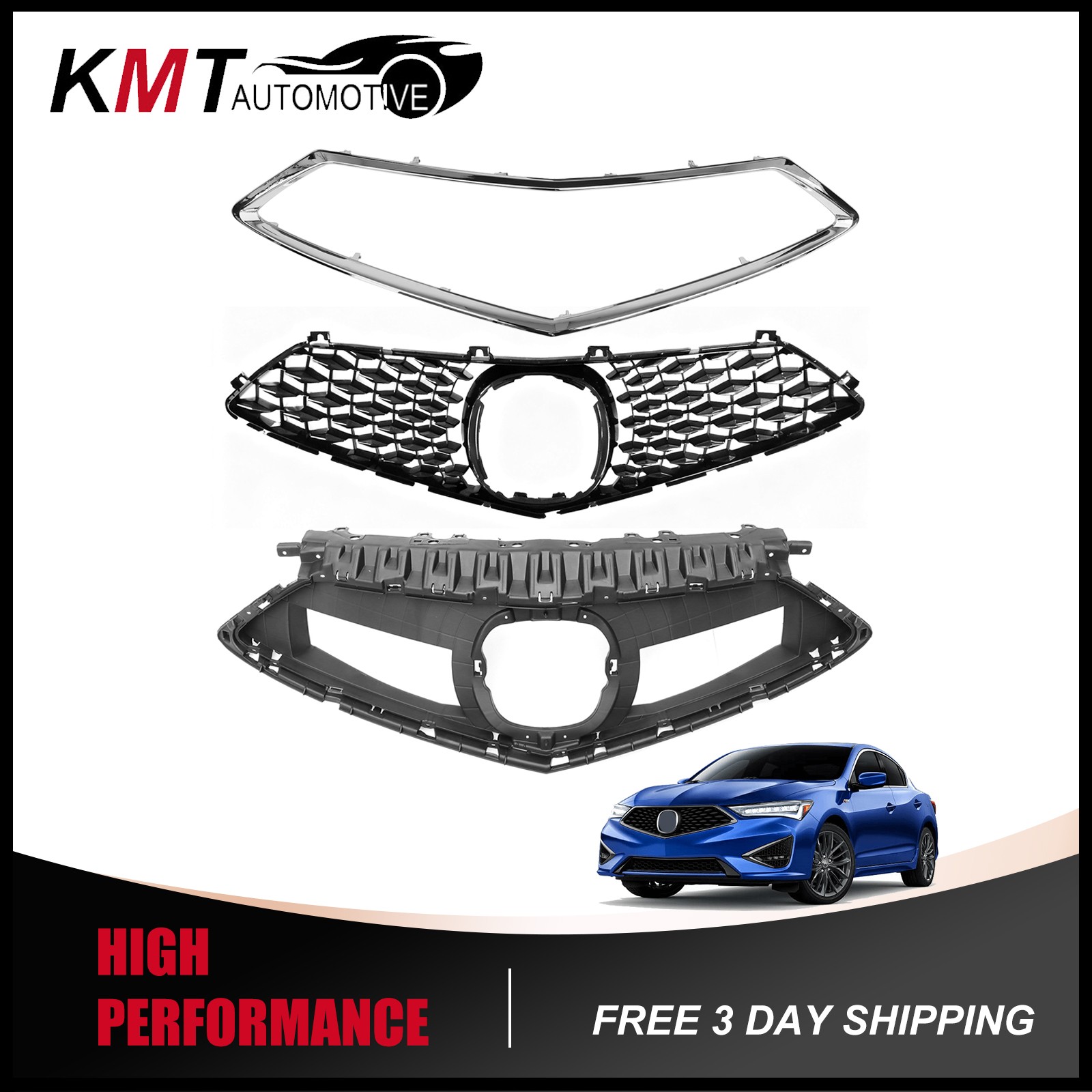 3PCS Front Grille W/ Chrome Molding & Grille Frame Kit Fits 2019-2022 Acura ILX 3PCS Front Grille W/ Chrome Molding & Grille Frame Kit Fits 2019-2022 Acura ILX