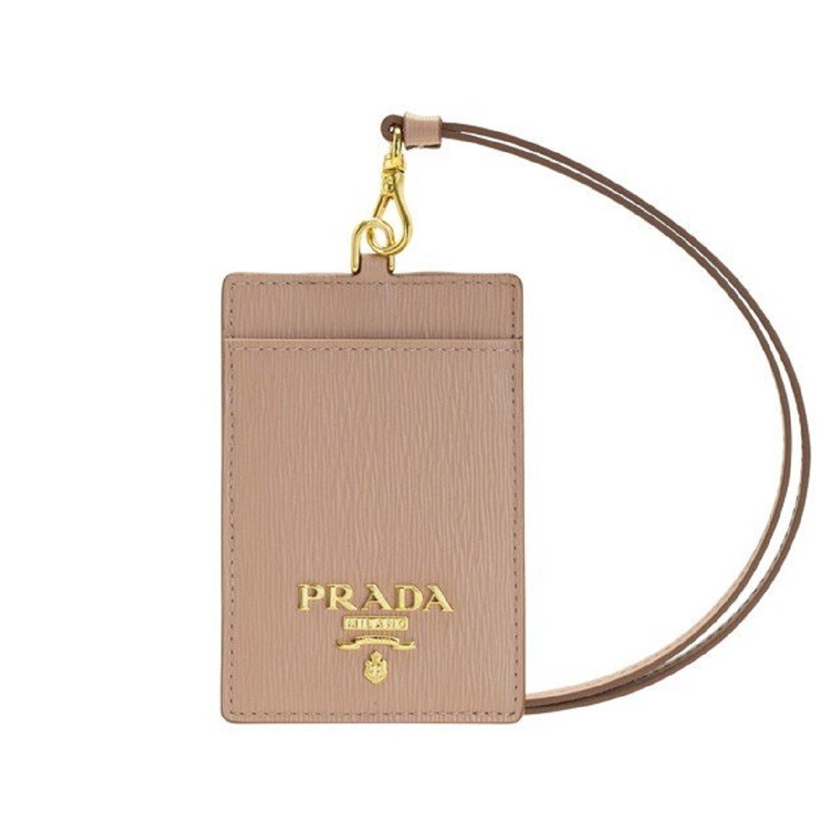 New Prada Vitello Move Beige Leather Logo Plaque Lanyard Cardholder Wallet 