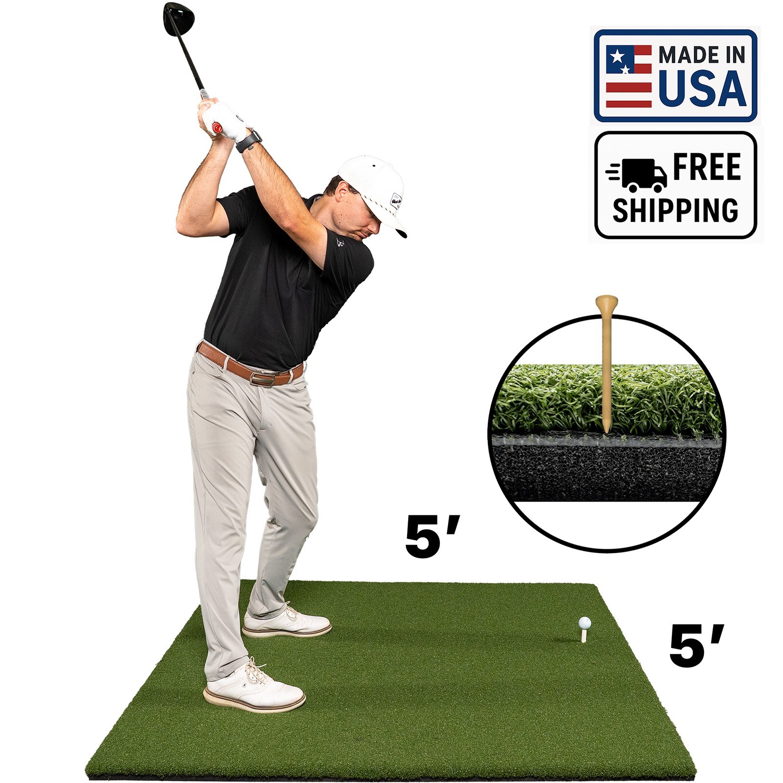USA-Made 5'x5' Nylon Golf Hitting Mat - Shock-Absorbing Foam - Holds Wooden Tees