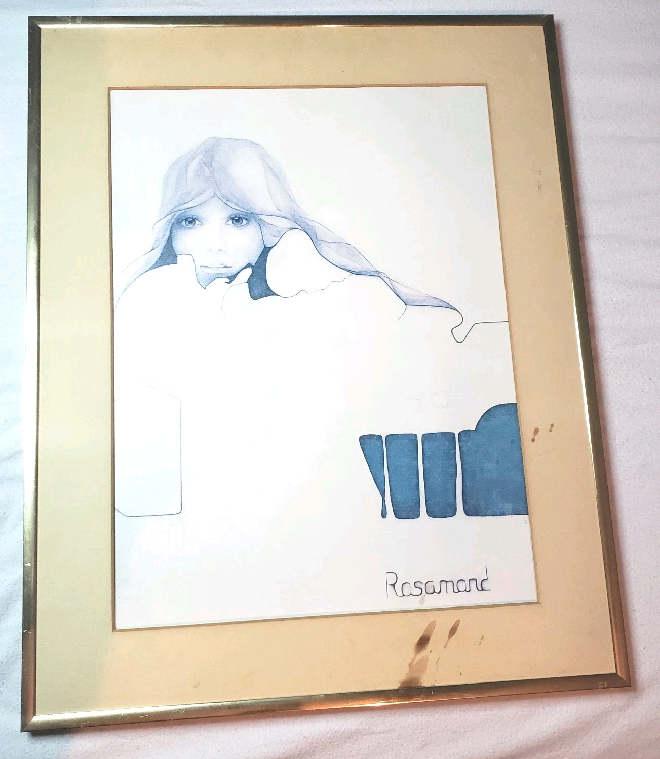 Christine Rosamond Blue Ice Litho Vintage Matted Framed 16x20 MCM 70\'S