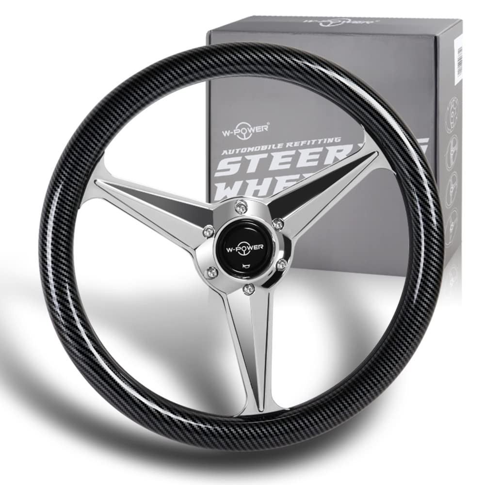 14 Universal 350mm 6 Bolt Hole Carbon Fiber Grip Steering Wheel Silver 3-Spoke