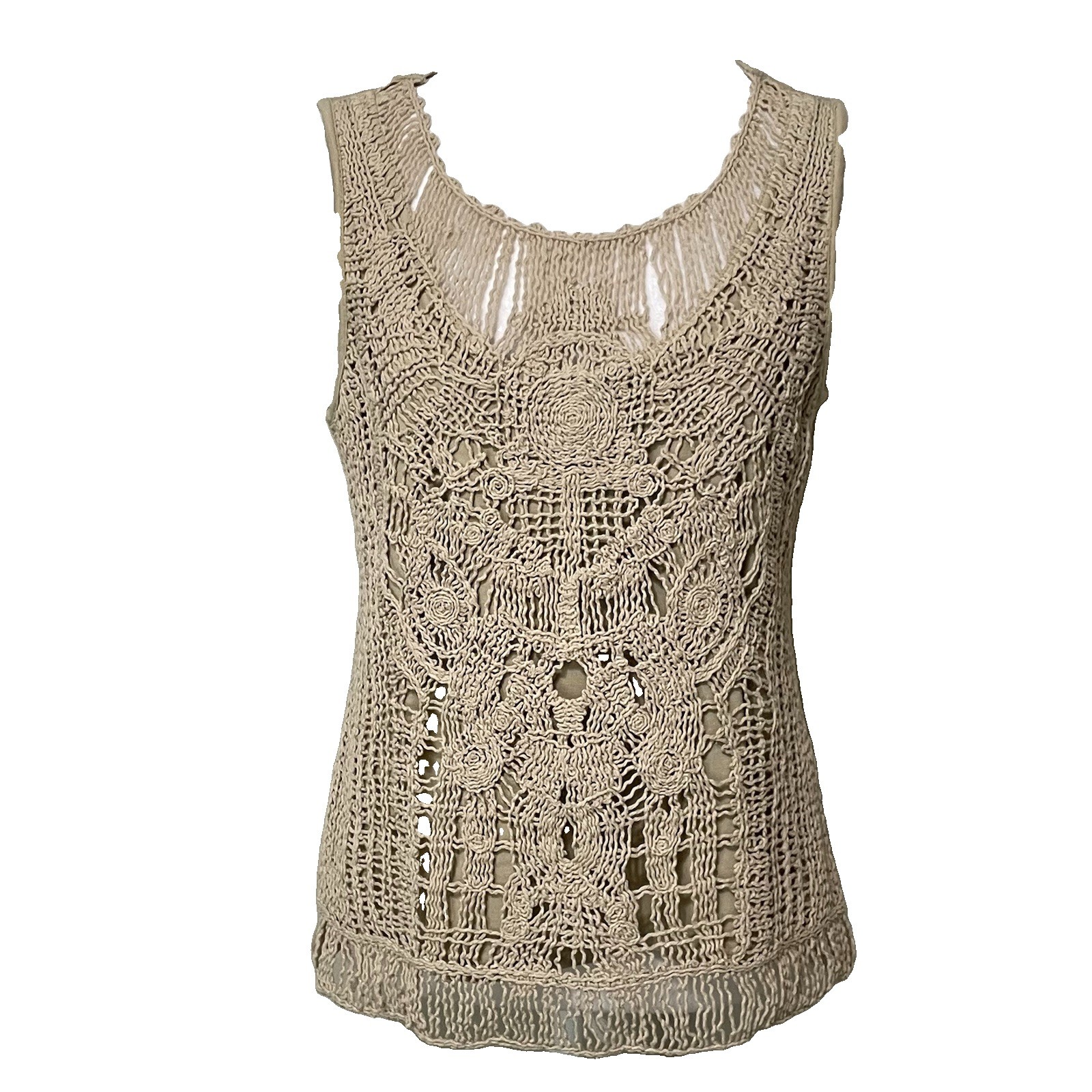 NEW Adiva Crochet Lace Top Women’s Sz M Boho Sleeveless Knit Beige Resortwear