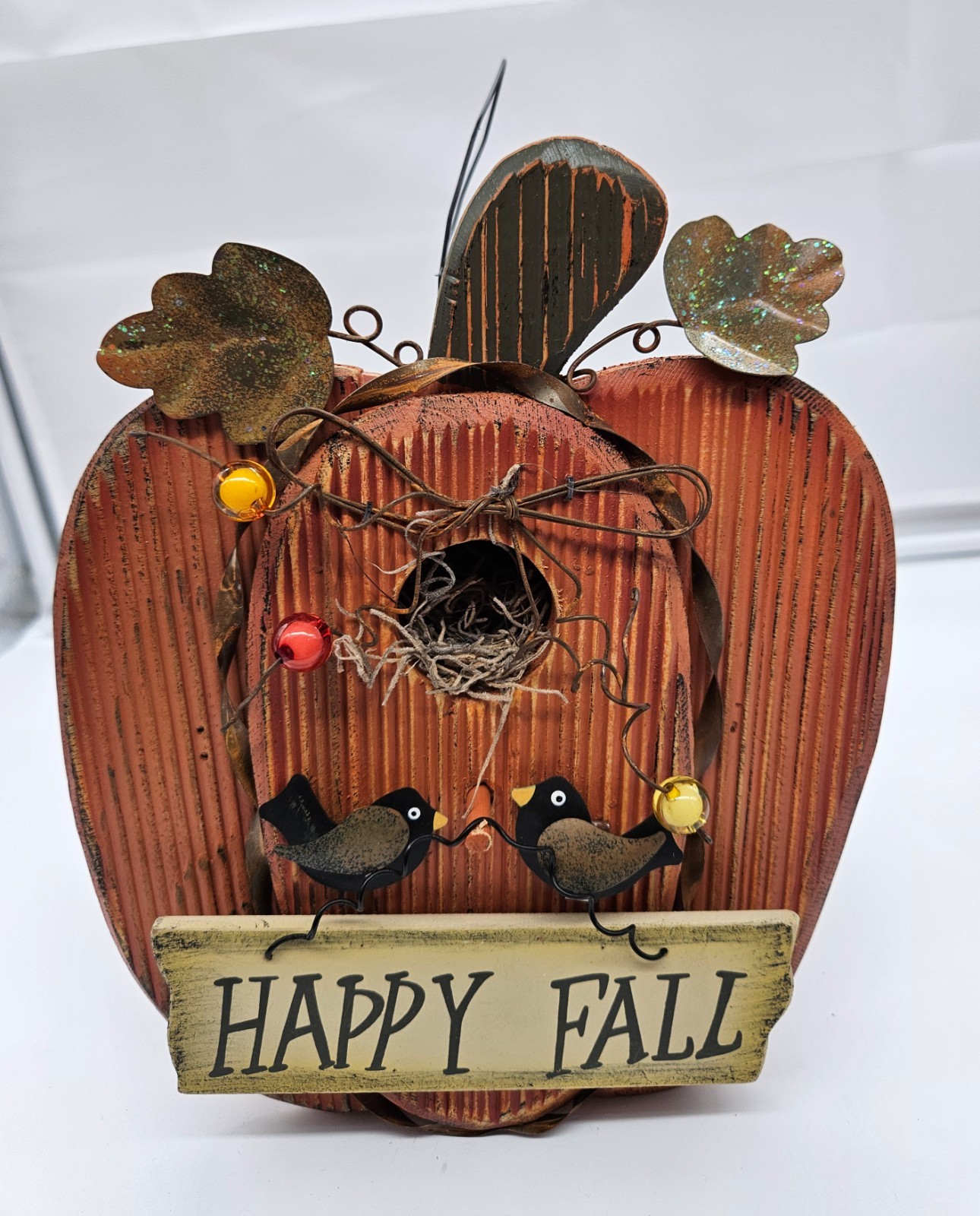 Rustic Pumpkin Birdhouse Happy Fall Decor Two Birds Metal Leaves Accent