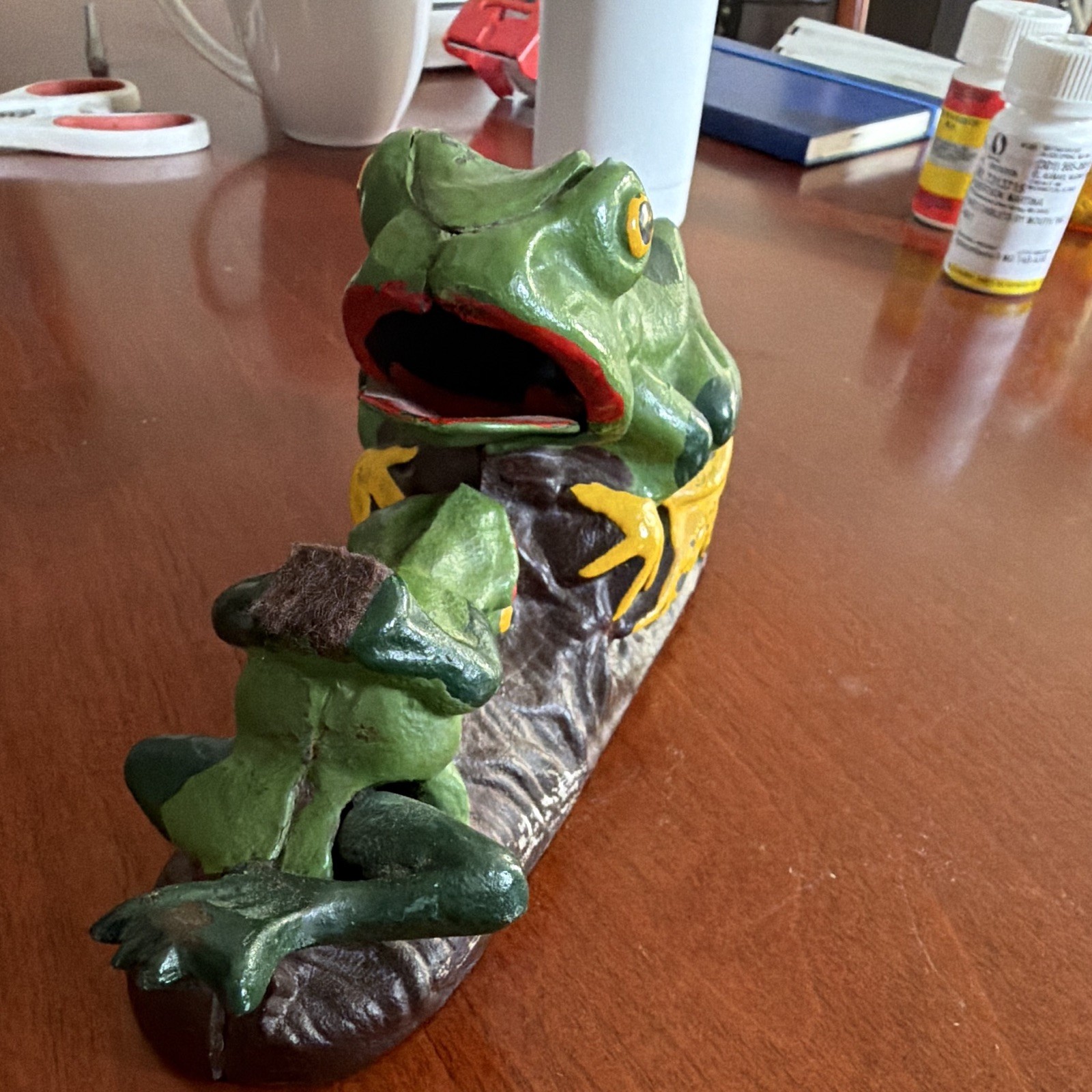 Antique Cast Iron Two Frogs Mechanical Bank Cribbage Board Peg Game 1920s Rare