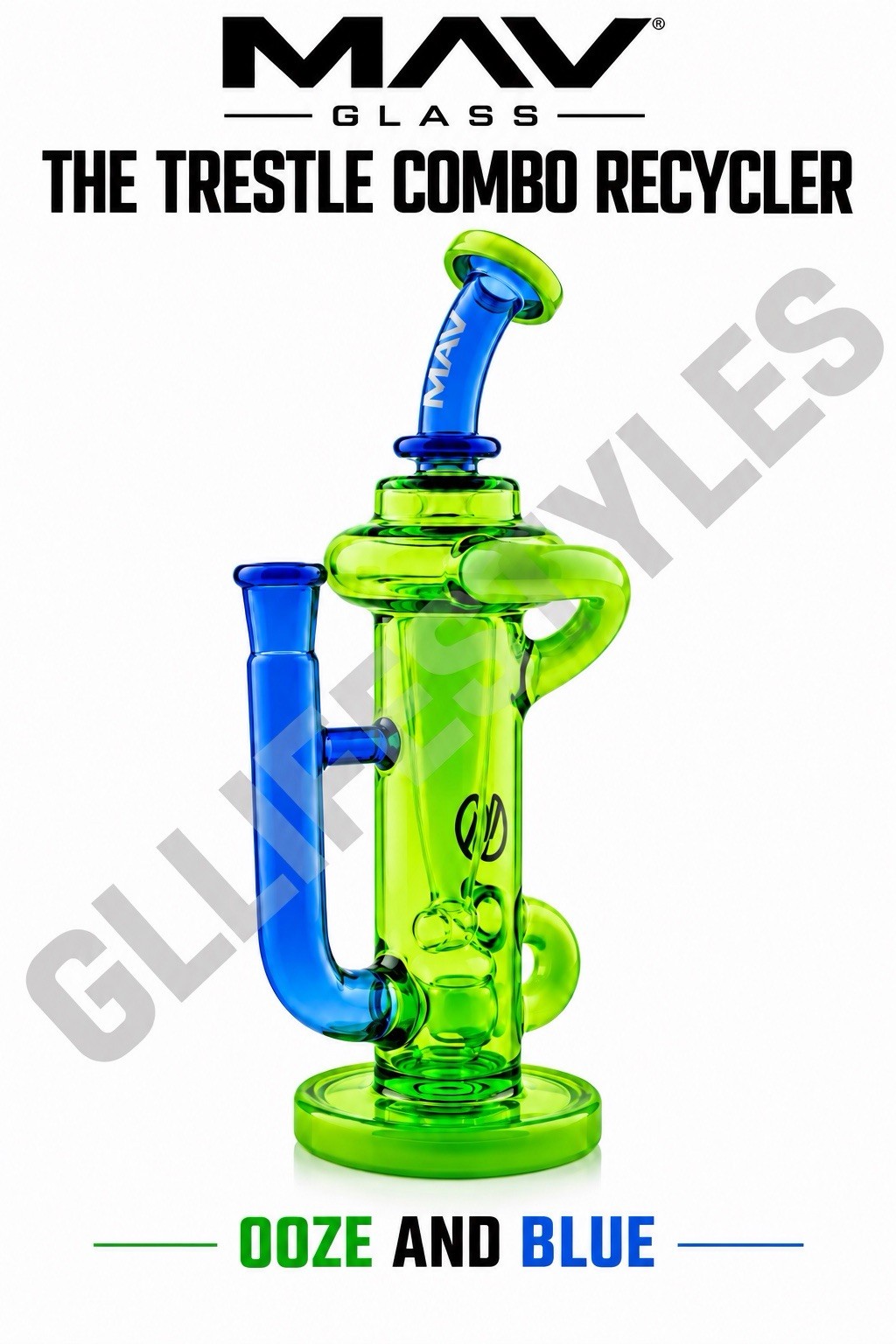 MAV GLASS, THE TRESTLE COMBO RECYCLER, WATER PIPE, BONG, HOOKAH, OOZE W/ BLUE MAV GLASS, THE TRESTLE COMBO RECYCLER, WATER PIPE, BONG, HOOKAH, OOZE W/ BLUE