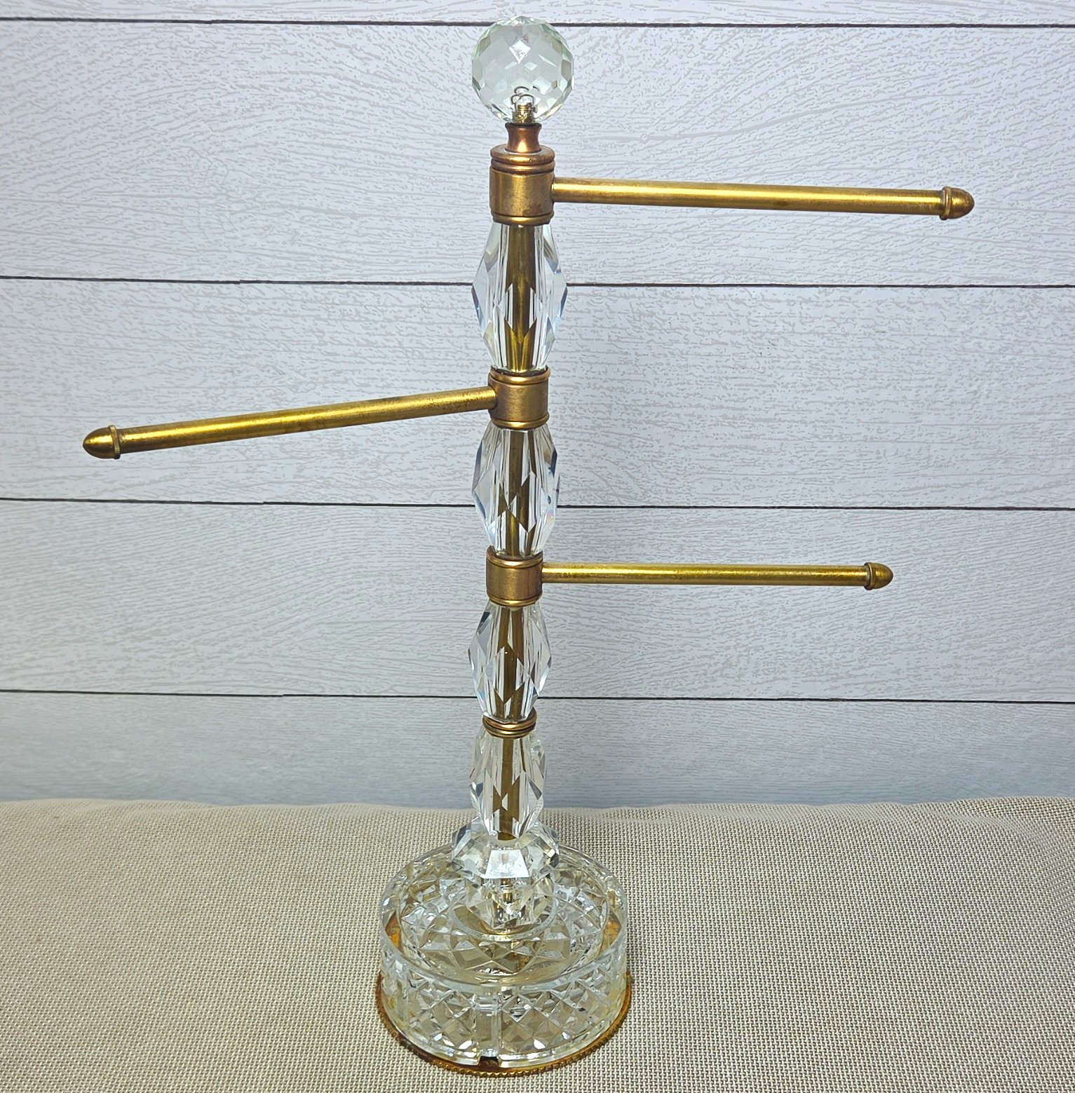 Vintage Hollywood Regency Brass Crystal 3 Arm Vanity Towel Stand Jewelry Tree Vintage Hollywood Regency Brass Crystal 3 Arm Vanity Towel Stand Jewelry Tree