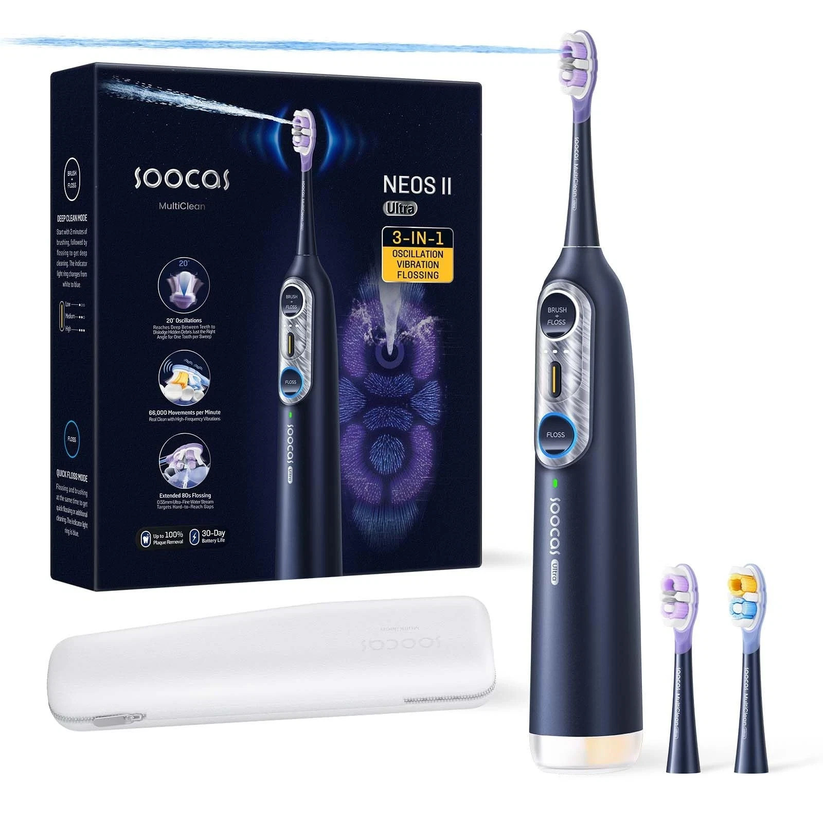 NEW SOOCAS NEOS II Ultra T04 3-in-1 Toothbrush Water Flosser Midnight Blue