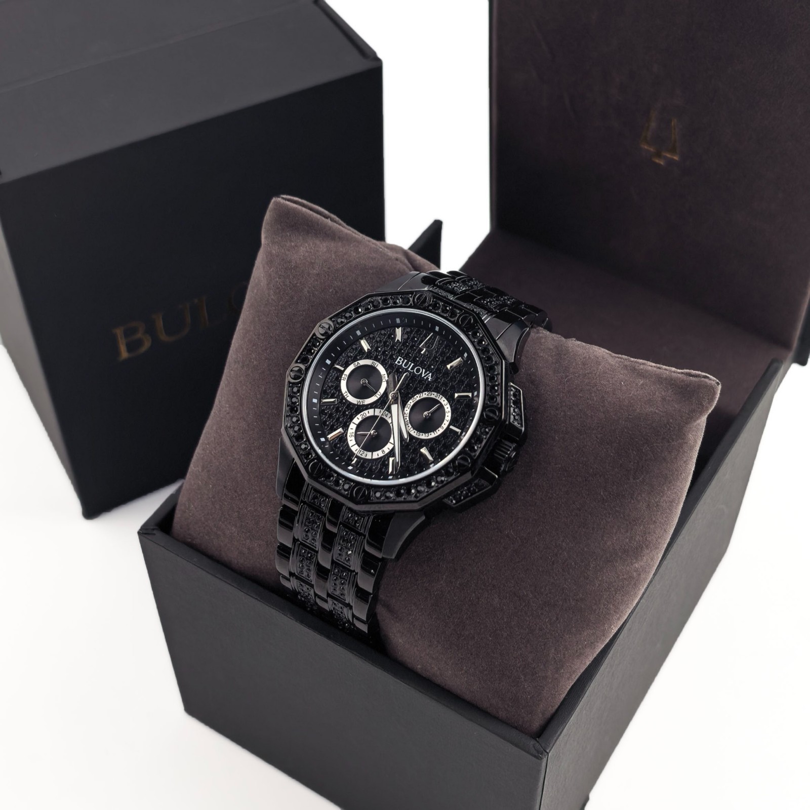 Bulova 96C134 Crystal Octava Men's Quartz Watch Silver Black Dial 41.5mm
