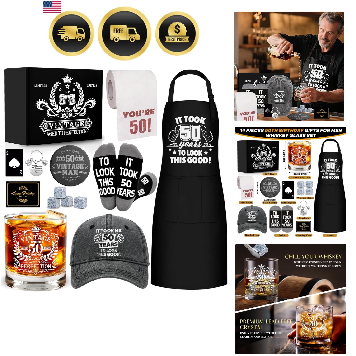 50th Birthday Gifts for Men Whiskey Glass Set, 50th Birthday Party Supplies w...