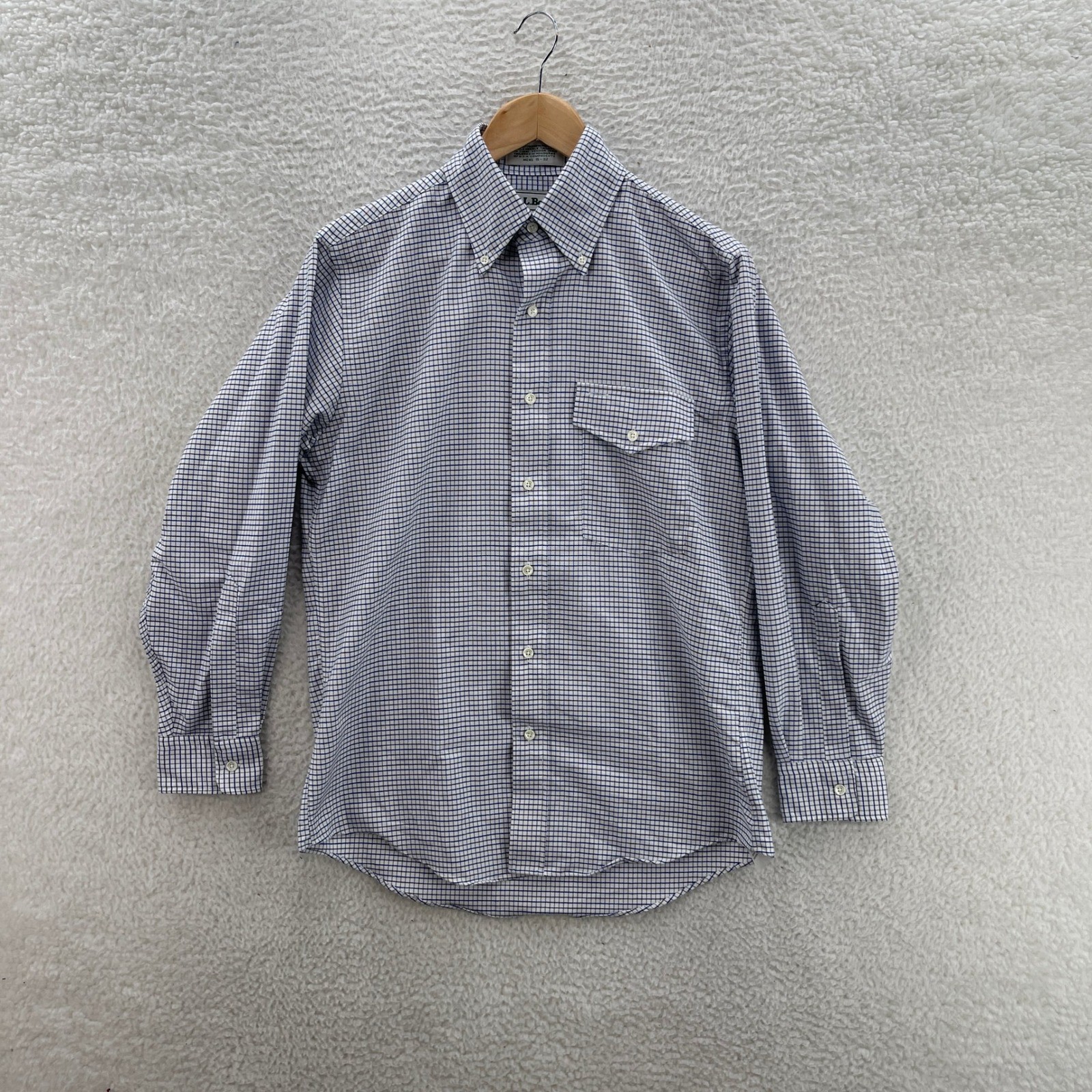 Vintage LL Bean Shirt Mens 15 32 White Blue Oxford OCBD Plaid Preppy Office 90s