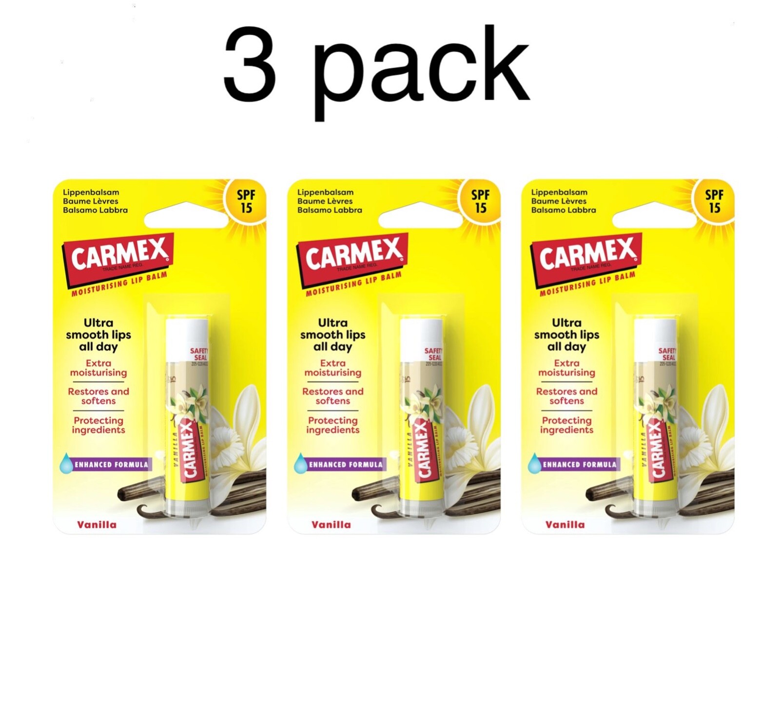 3 x CARMEX PREMIUM VANILLA Lip Balm, SPF15 4,25 g