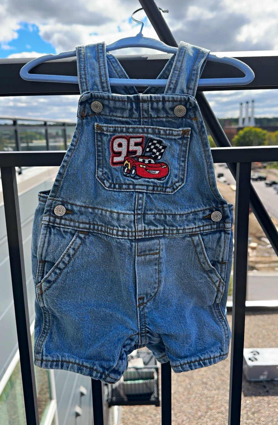 Baby Gap Pixar Cars Blue Denim Overall Shorts 6-9 Months Pockets Embroidered