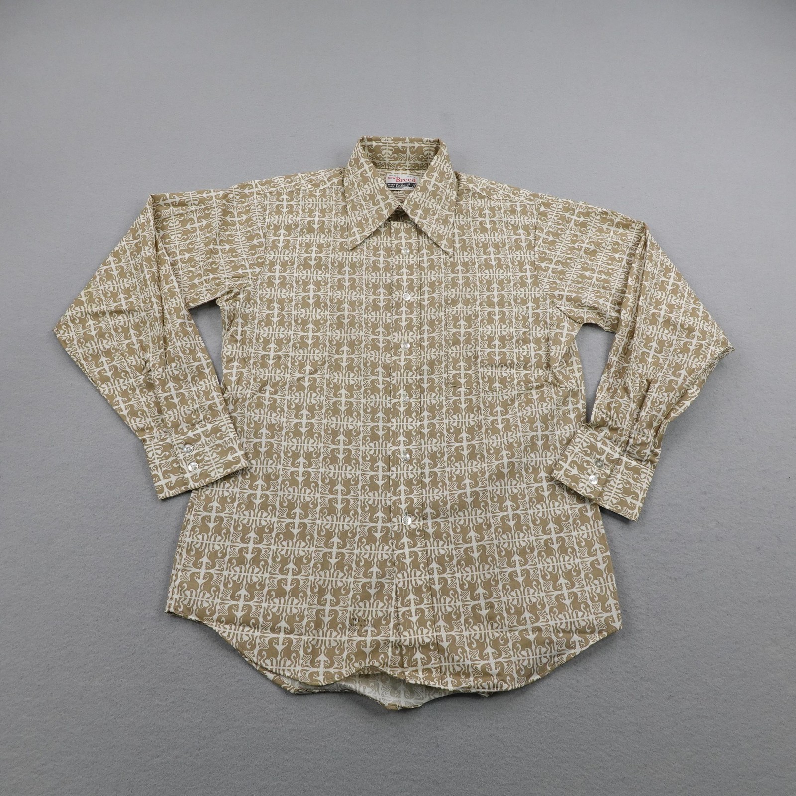 Vintage Campus Now Breed Shirt Mens Medium Tan Abstract 70s Dagger Collar Disco
