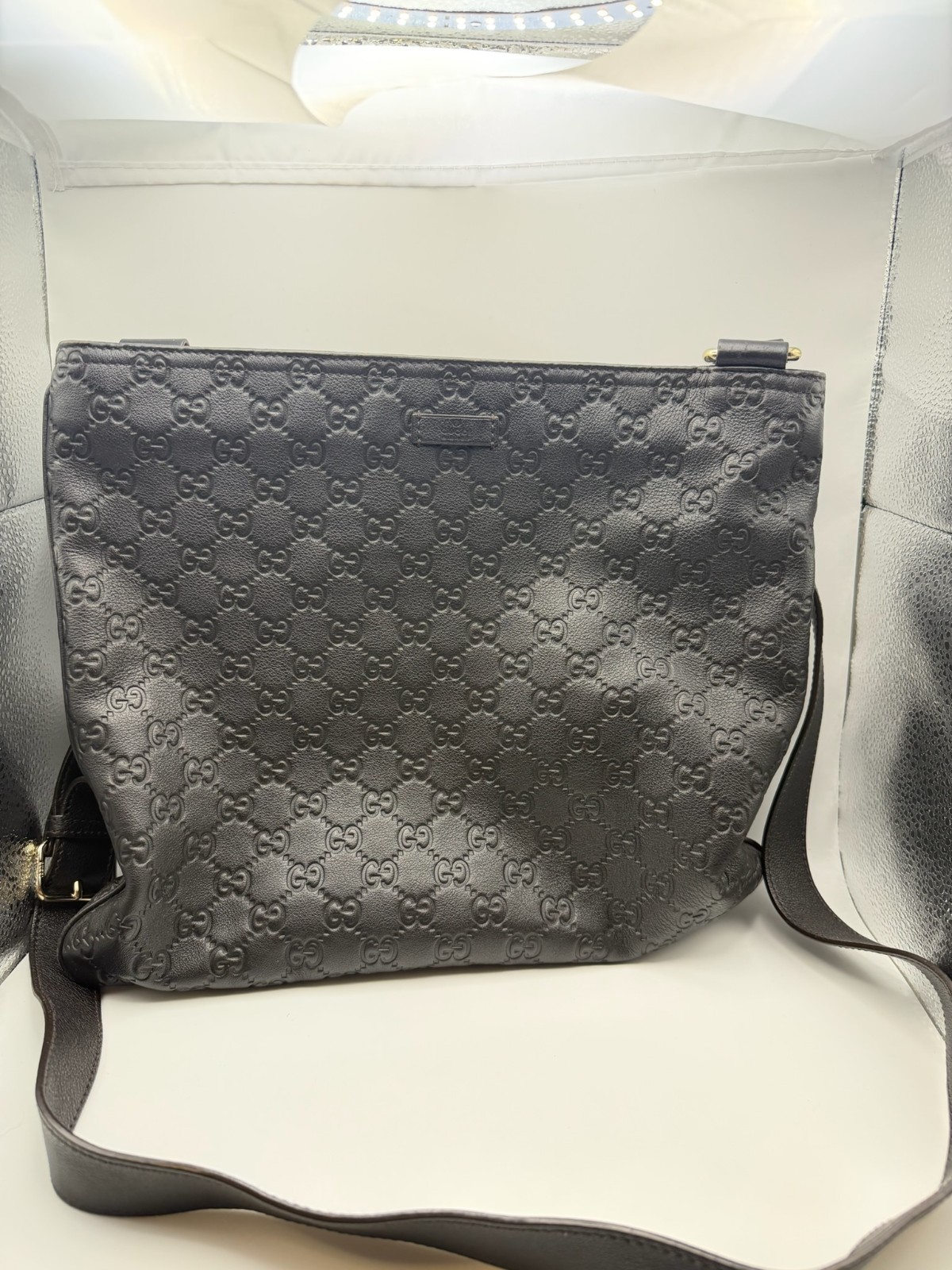 Gucci Black Guccissima Black GG Monogram Canvas Leather Messenger Bag