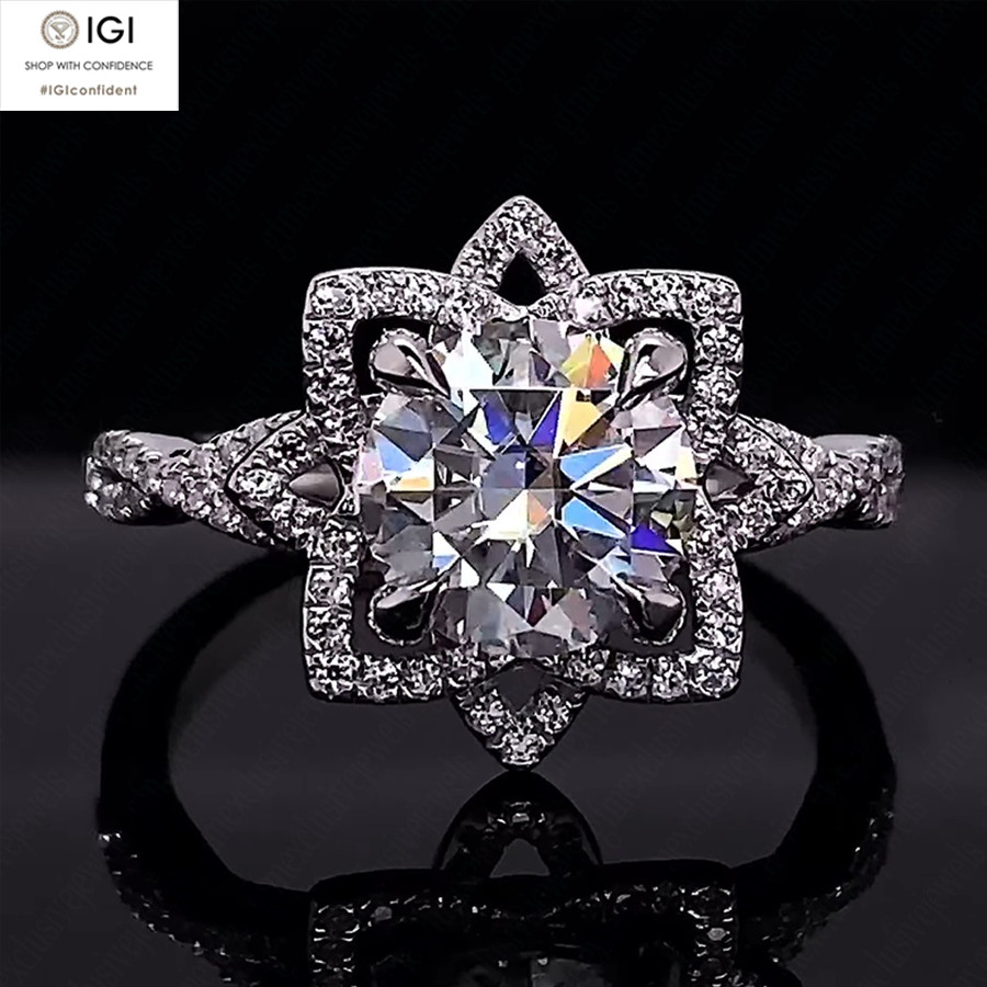 IGI 1.50Ct F VS1 Round Lab Grown Diamond Engagement Ring Halo 14K White Gold