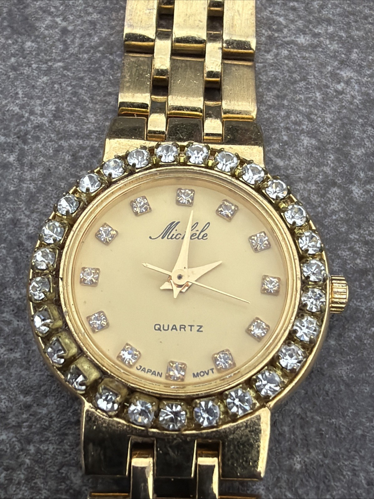 Vintage MICHELE Gold Tone Rhinestone-Encrusted Bezel QUARTZ JAPAN MOVT Watch