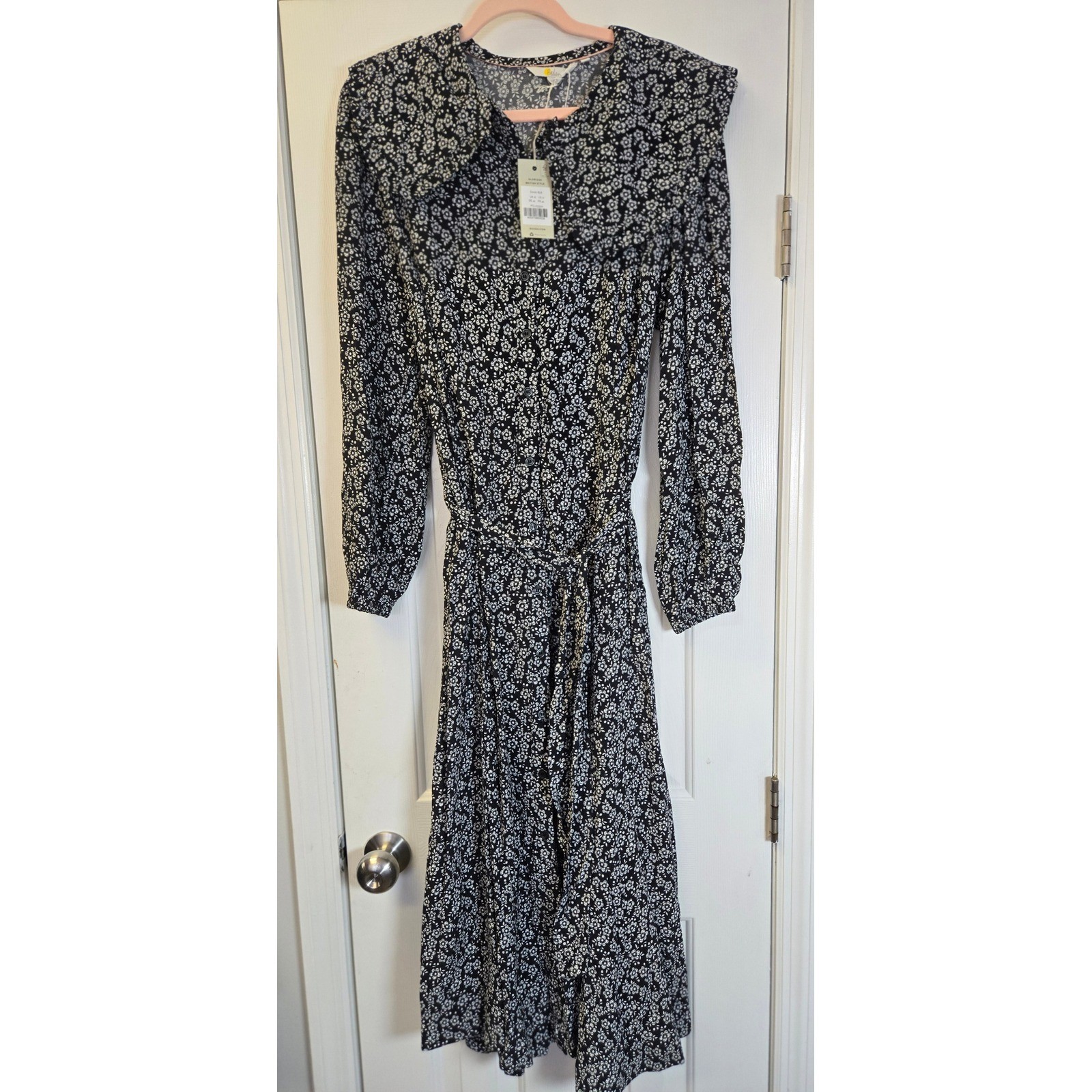 NWT Boden Amy Cotton Midi Shirt Dress Black Botanical Bunch Floral Pockets 12