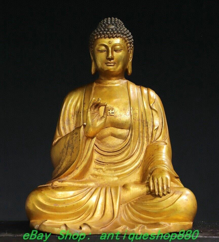 12.2\'\' Old Tibetan Bronze Gilt Shakyamuni Sakyamuni Amitabha Buddha Statue