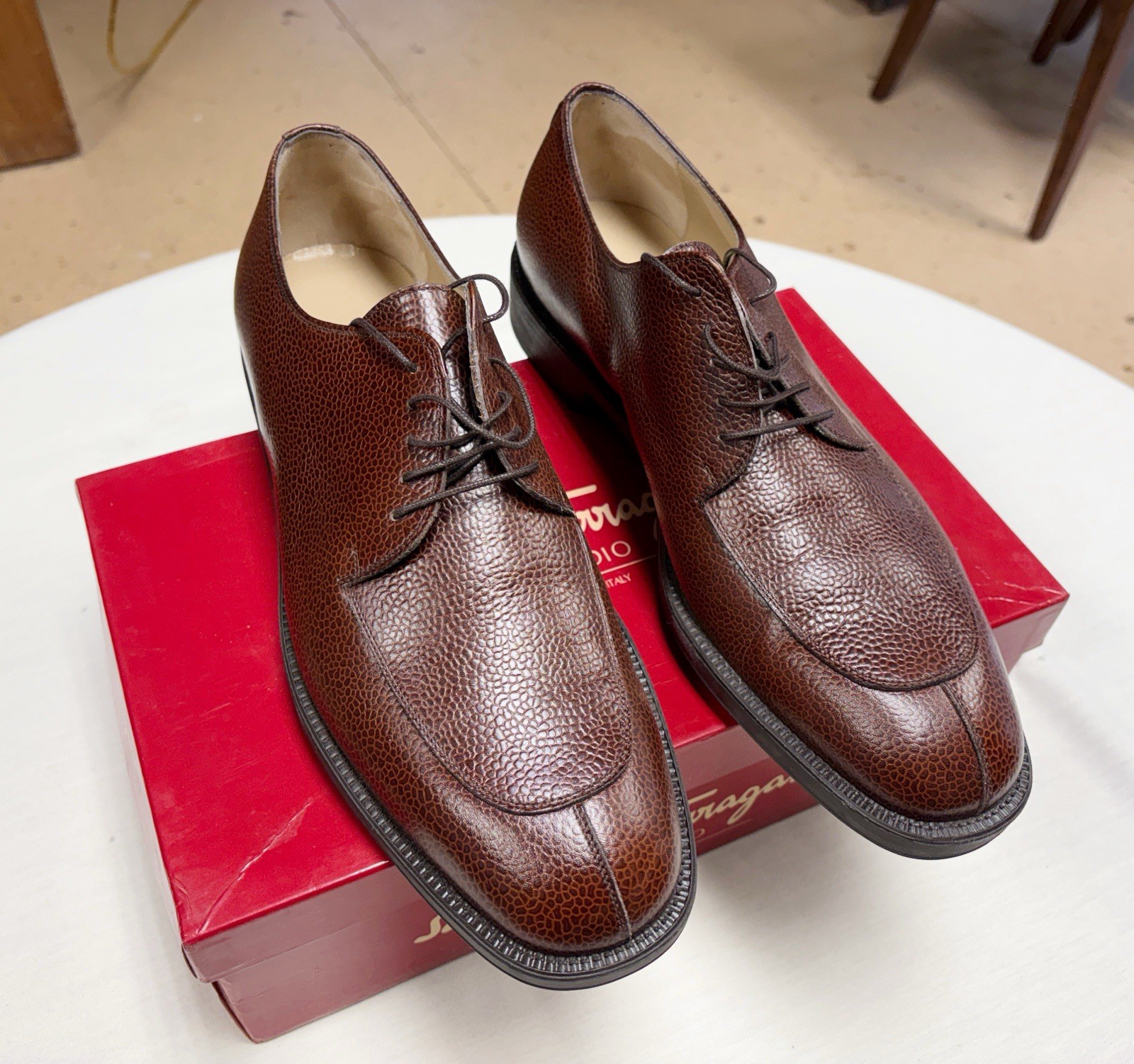 Salvatore Ferragamo Men’s Leather Shoes Moral 0139630 Madera Pebble 10.5 D NOS