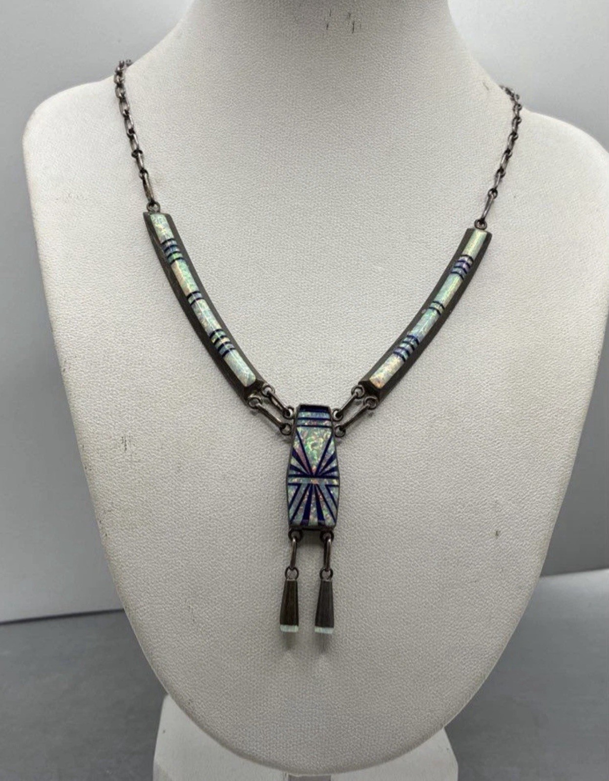Vintage Zuni Signed D Lucio 925 Sterling Silver Lapis Lazuli Opal Inlay Necklace