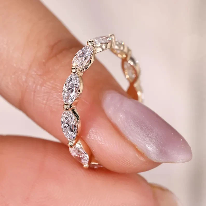 2 TCW Marquise Cut Moissanite Eternity Wedding Band Ring 14k Yellow Gold Plated