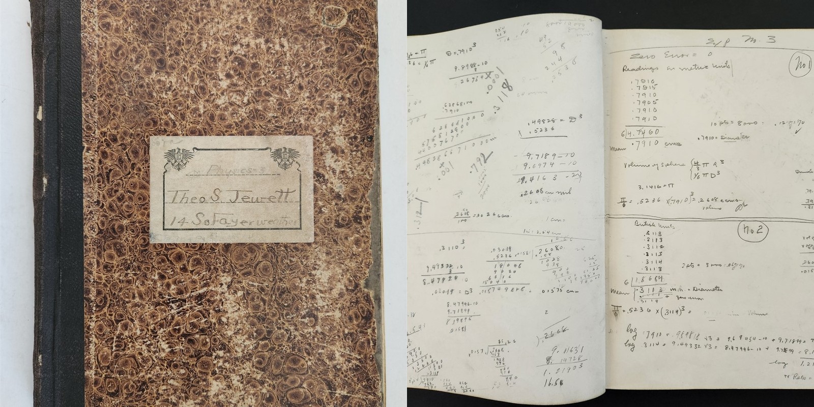 1911 antique THEO STEPHEN JEWETT dartmouth PHYSICS handwritten NOTEBOOK