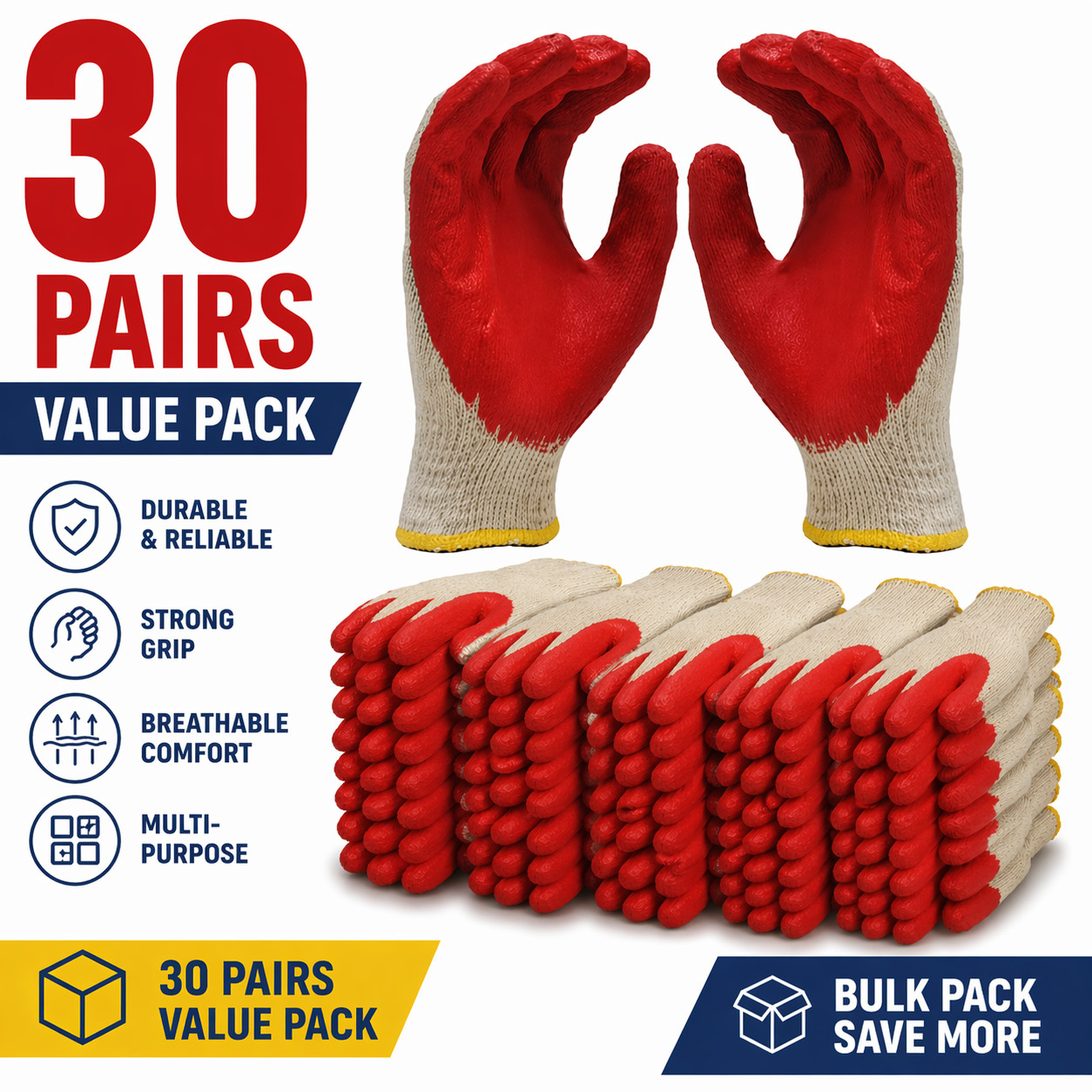30 Pairs Work Gloves Latex Coated Grip Safety Gloves Free Size Bulk Pack