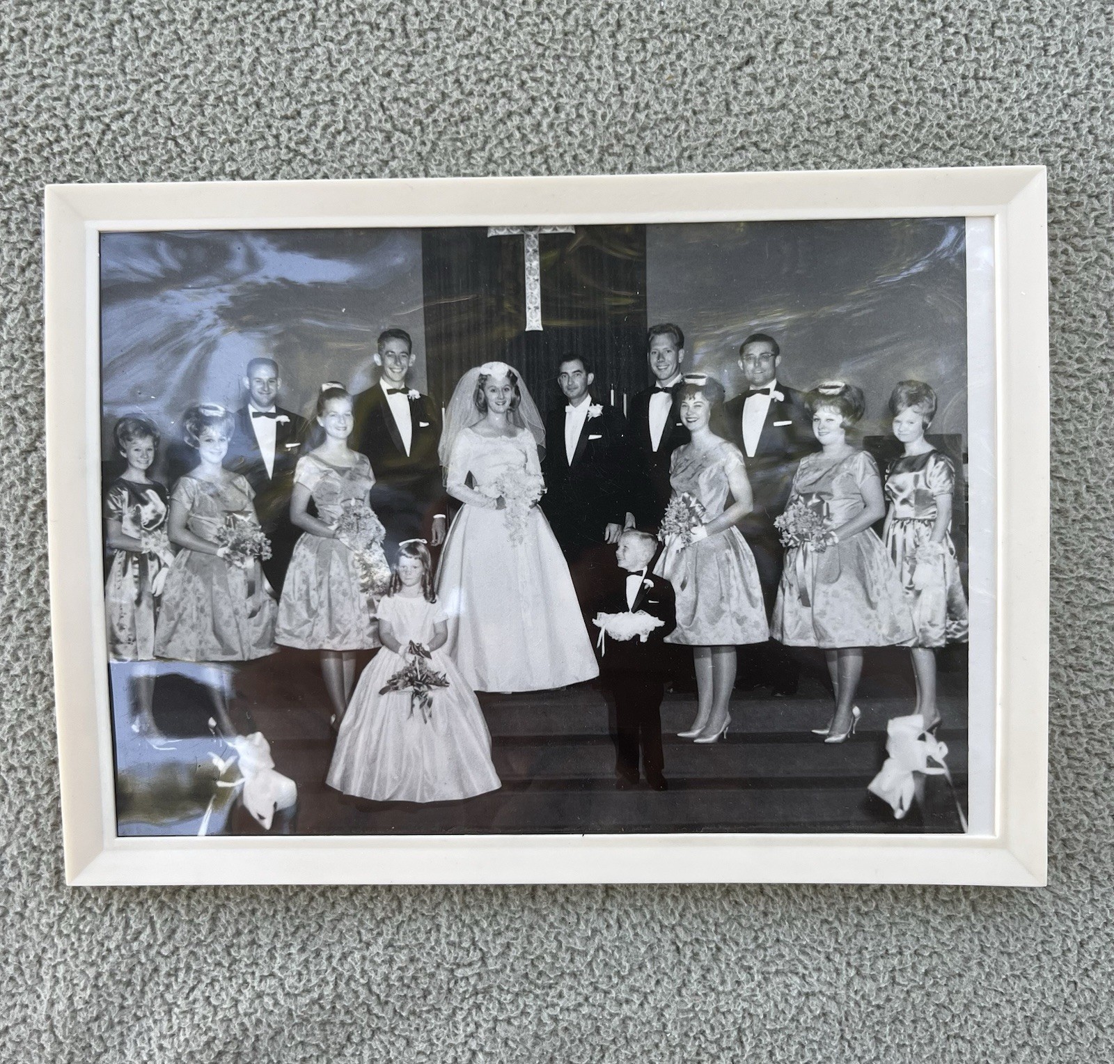 Vintage 1960s B&W Wedding Photo Church Altar Bridesmaid Brocade Dresses