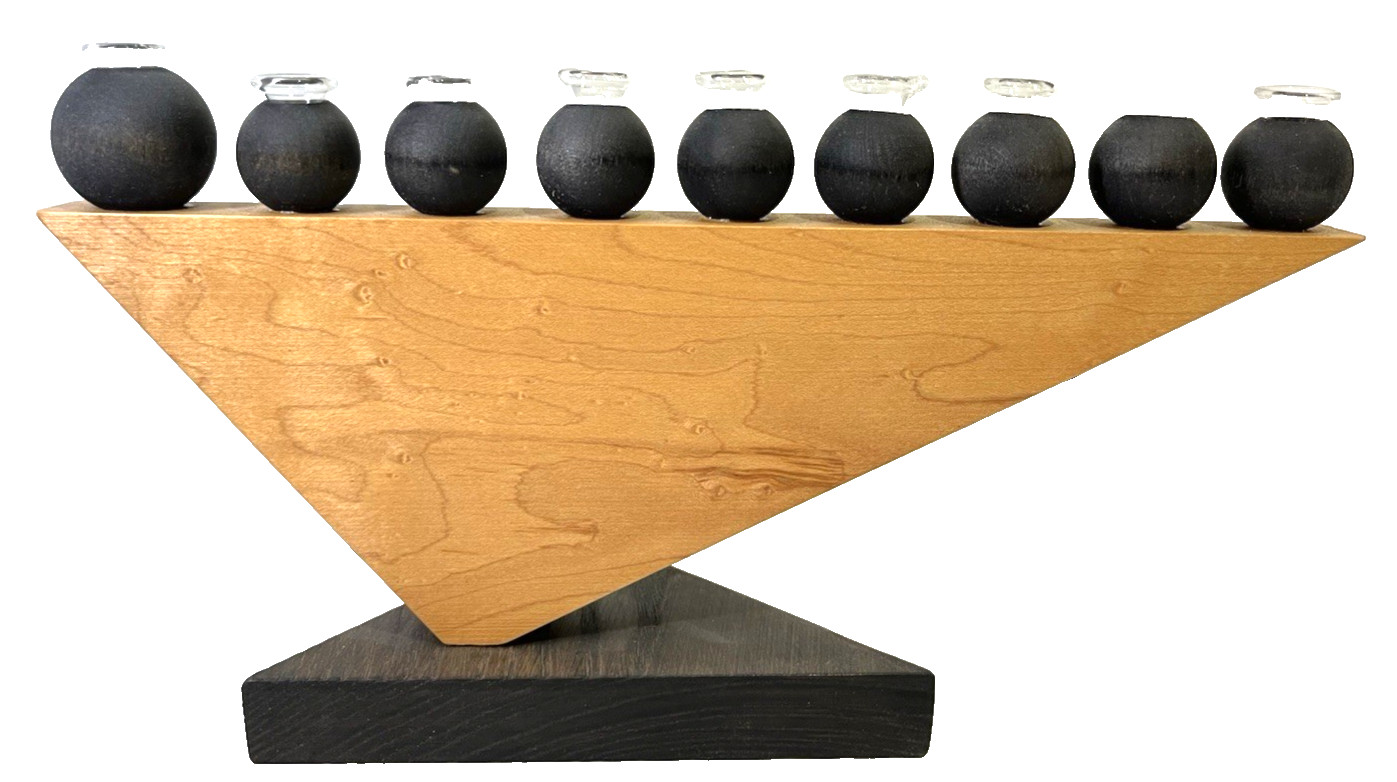 Vintage Jewish MCM Glass & Wood Hanukkah Menorah Judaica Israel Judaism Hebrew