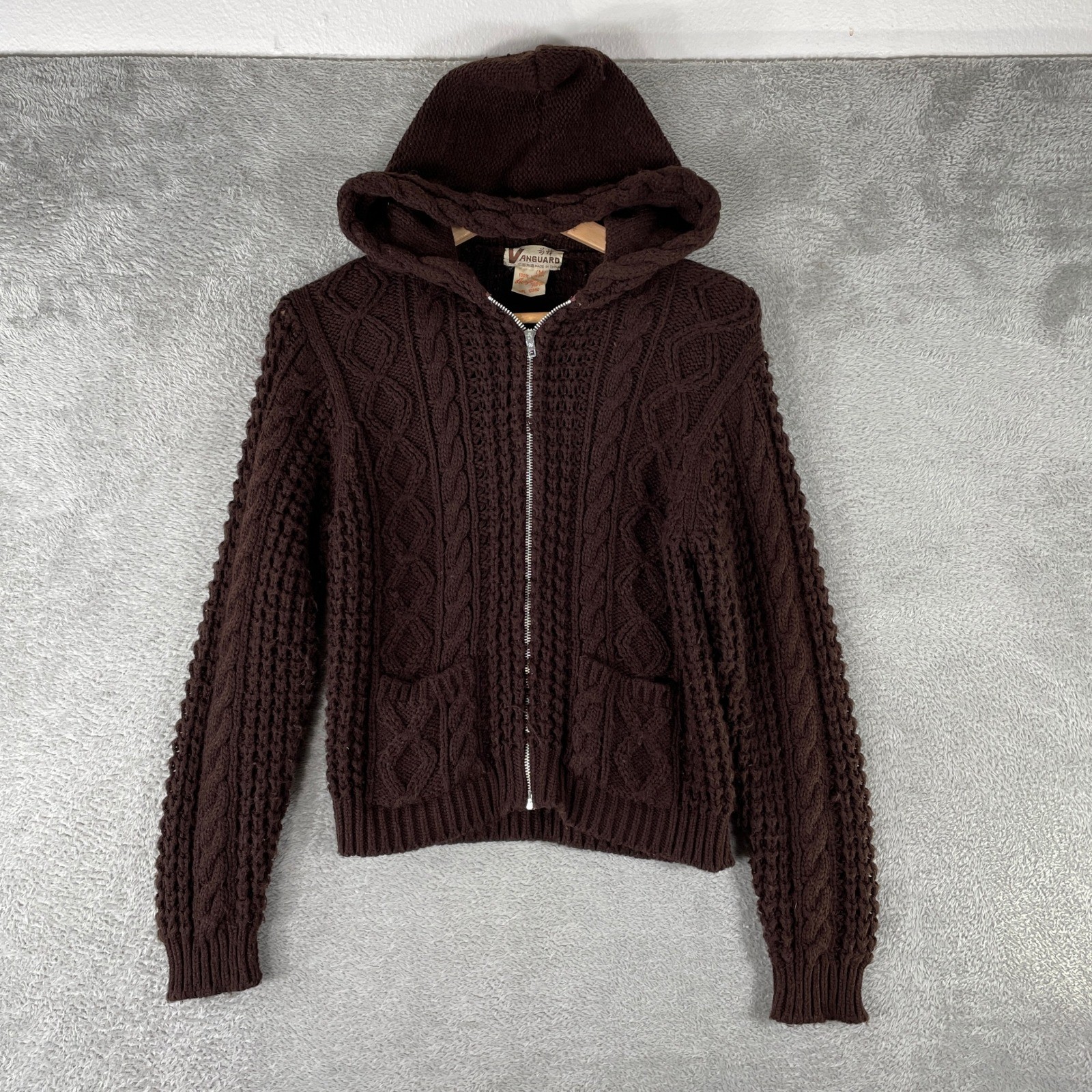 Vintage Vanguard Chunky Cable Knit Hoodie Womens Medium Brown Full Zip Sweater