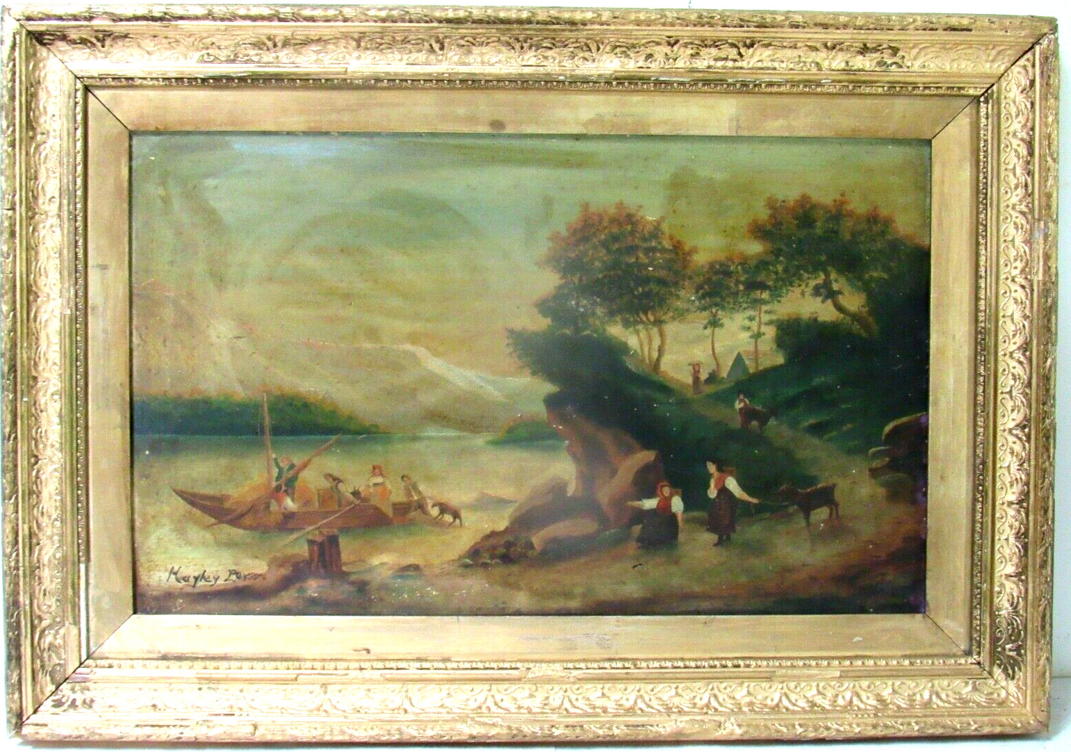 ANTIQUE 19 c OIL PAINTING WITH FARMERS MOVING COWS ON SAIL BOAT  , SIGNED