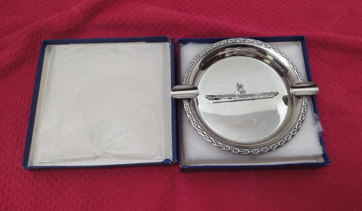 Vintage USS Forrestal CV-59 Aircraft Carrier Silverplate Ashtray w/ Box, Nice