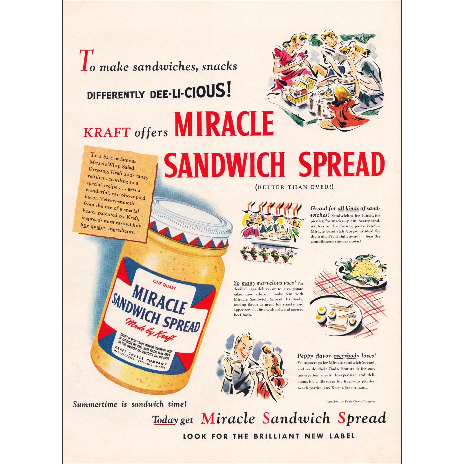 1941 Kraft Miracle Sandwich Spread Original Vintage Print Ad 1941 Kraft Miracle Sandwich Spread Original Vintage Print Ad