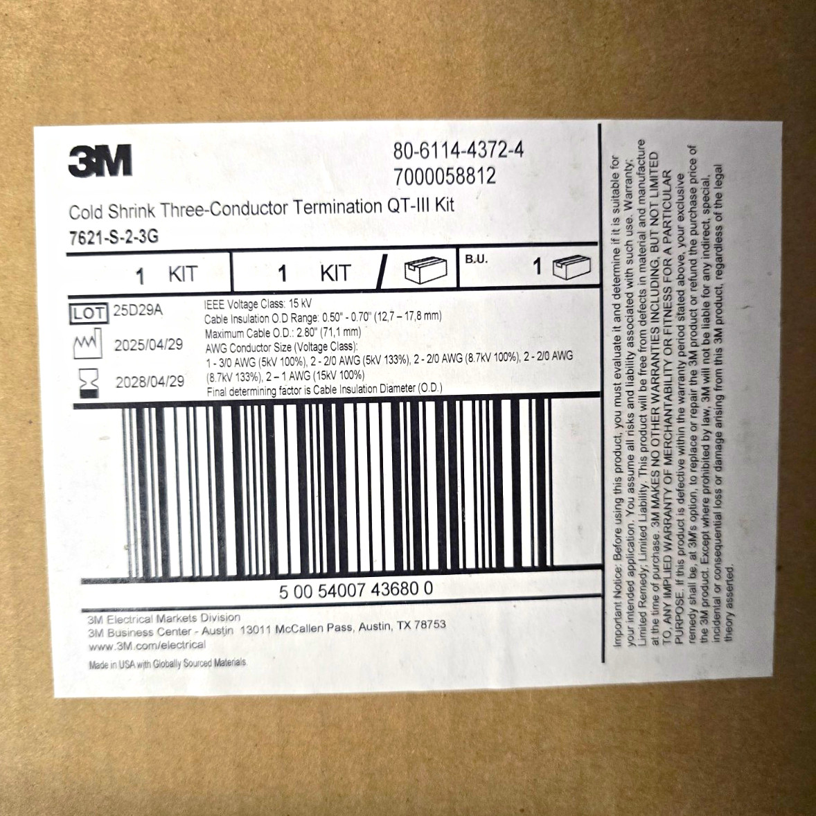 3M Cold Shrink Three-Conductor Termination QT-III Kit 7621-S-2-3G 7000058812