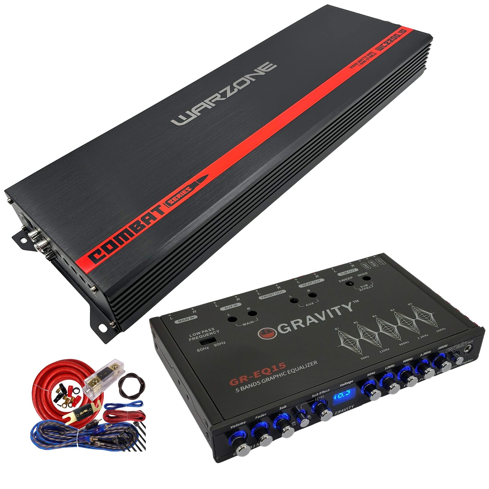 Gravity WC2200.1D Warzone 2200W Amplifier + GR-EQ15 Equalizer + Wiring Kit