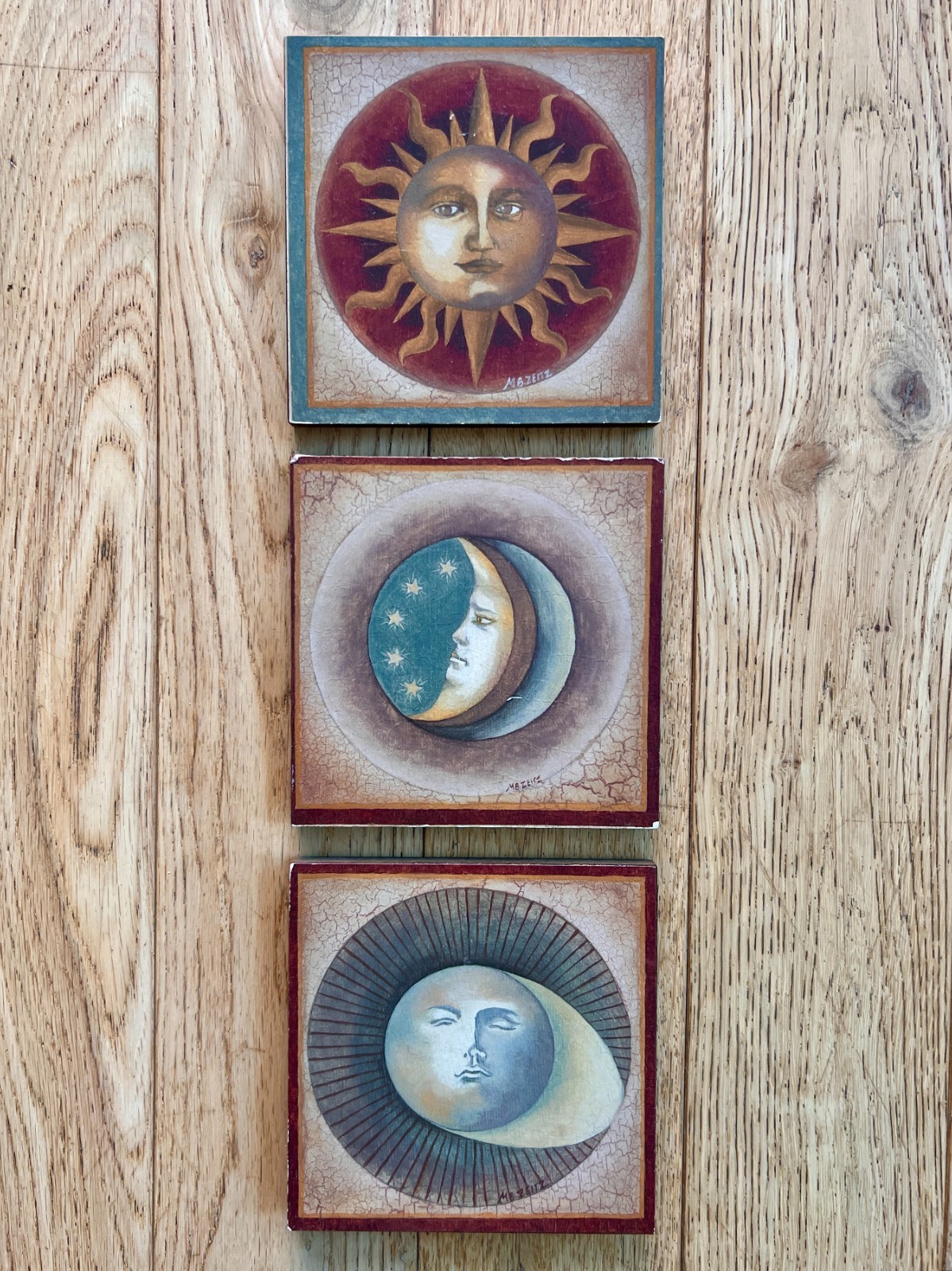 Vintage 90s Mary Beth Zeitz Set 3 Plaque Prints Moon Sun Celestial Whimsigoth