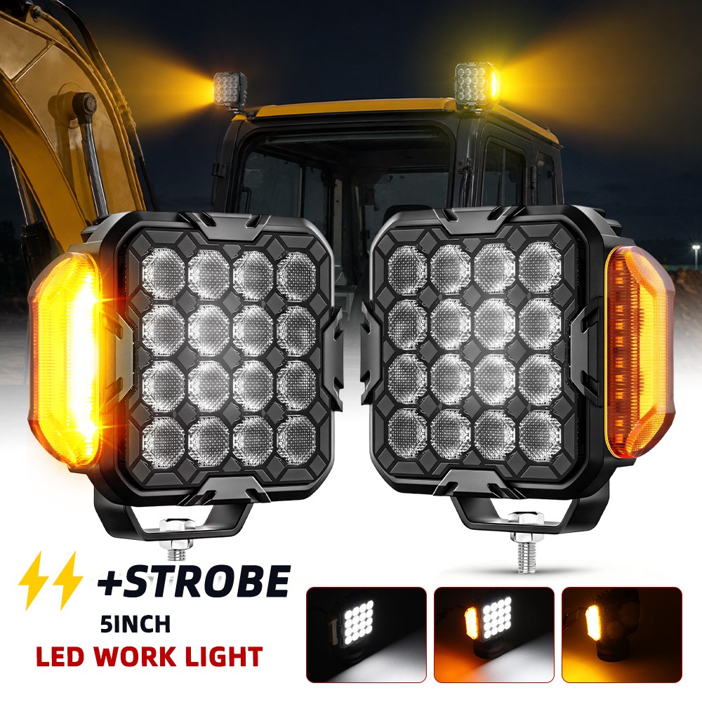 2x LED Work Light Pods 5'' Tractor Truck Amber Strobe Side Warning Light 12V 24V