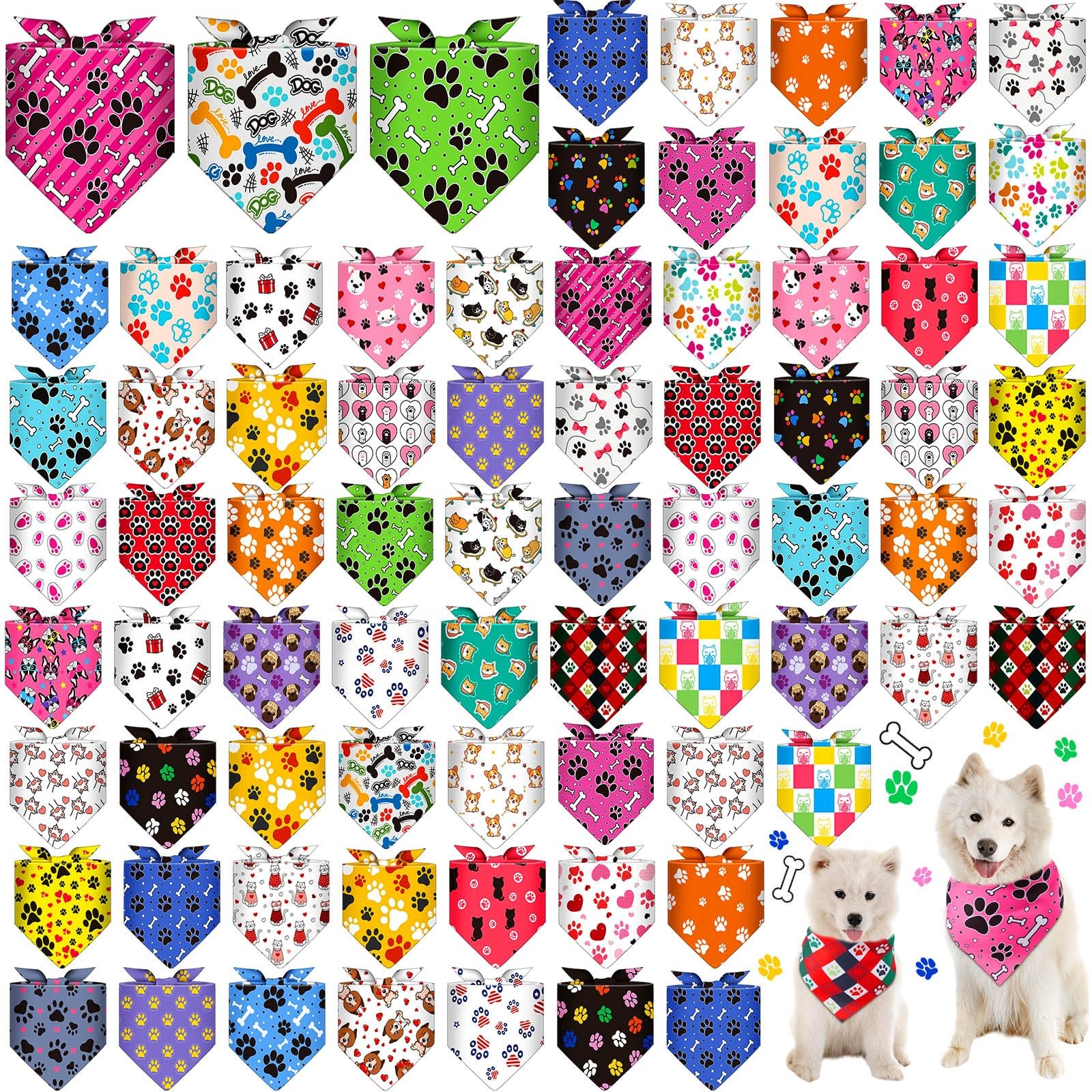 72 Pcs Paw Print Dog Bandanas Bulk Footprint Triangle Scarf Summer Pet Bibs Pupp