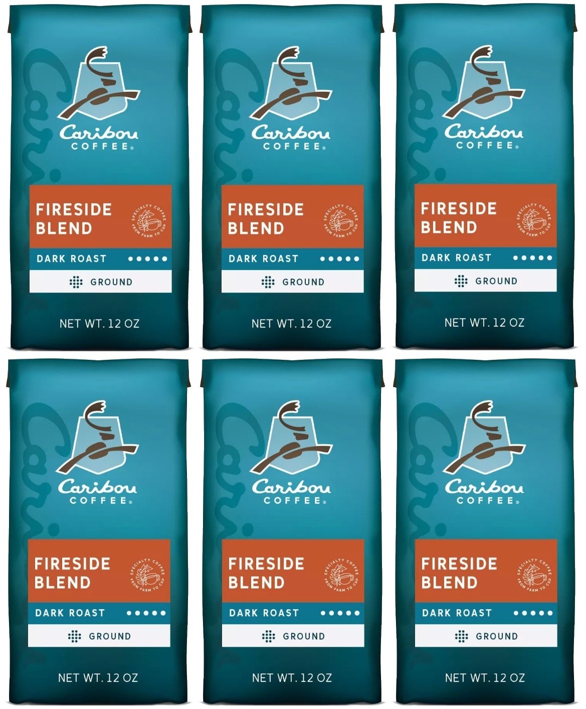 Caribou Coffee Fireside Blend Ground Coffee Dark Roast 6 Bags x 12 oz, JAN/2027