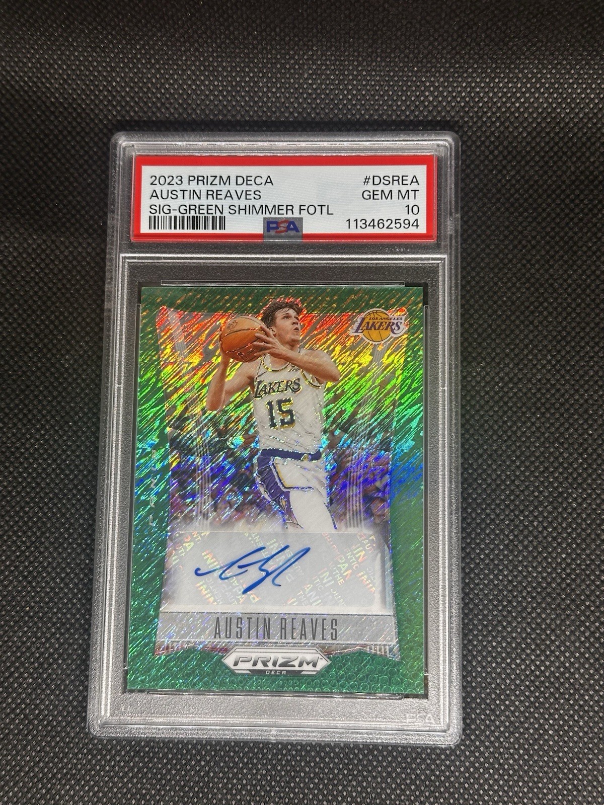 2023-24 Panini Prizm Deca Signatures Austin Reaves Green Shimmer 15/15 Jersey # 2023-24 Panini Prizm Deca Signatures Austin Reaves Green Shimmer 15/15 Jersey #