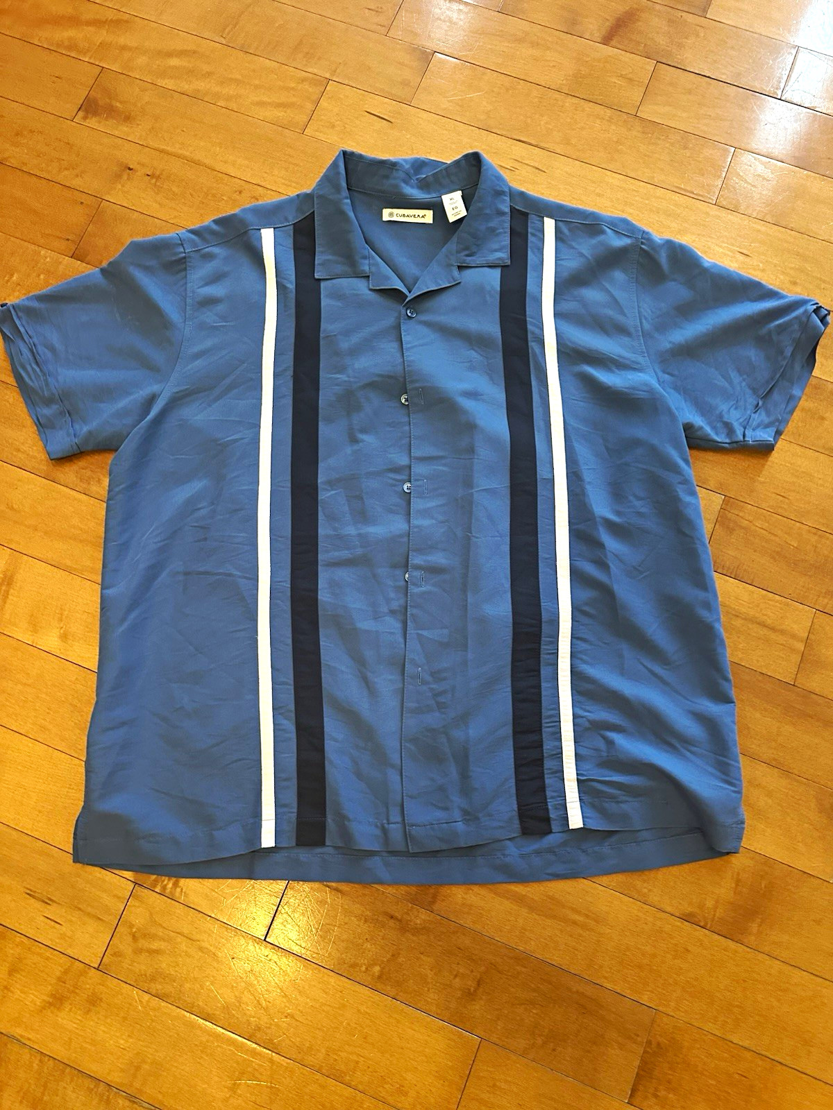 CUBAVERA MENS BLUE/WHITE/BLACK STRIPED SHORT SLEEVE BUTTON-UP SHIRT XL