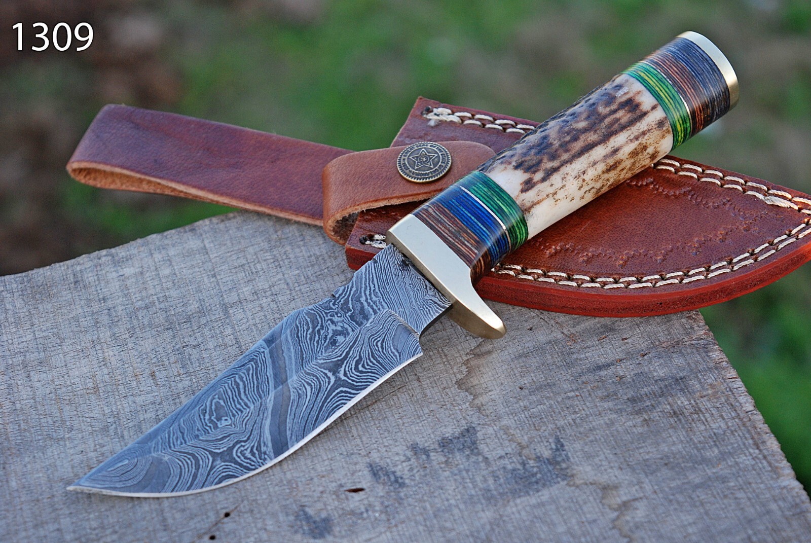 vintage handmade Damascus steel hunting skinning fixed blade knife stag knives