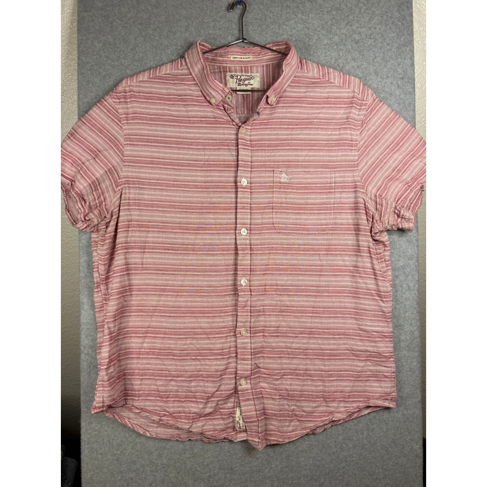 Original Penguin Heritage Slim Fit Red White Striped Short Sleeve Shirt Mens XL