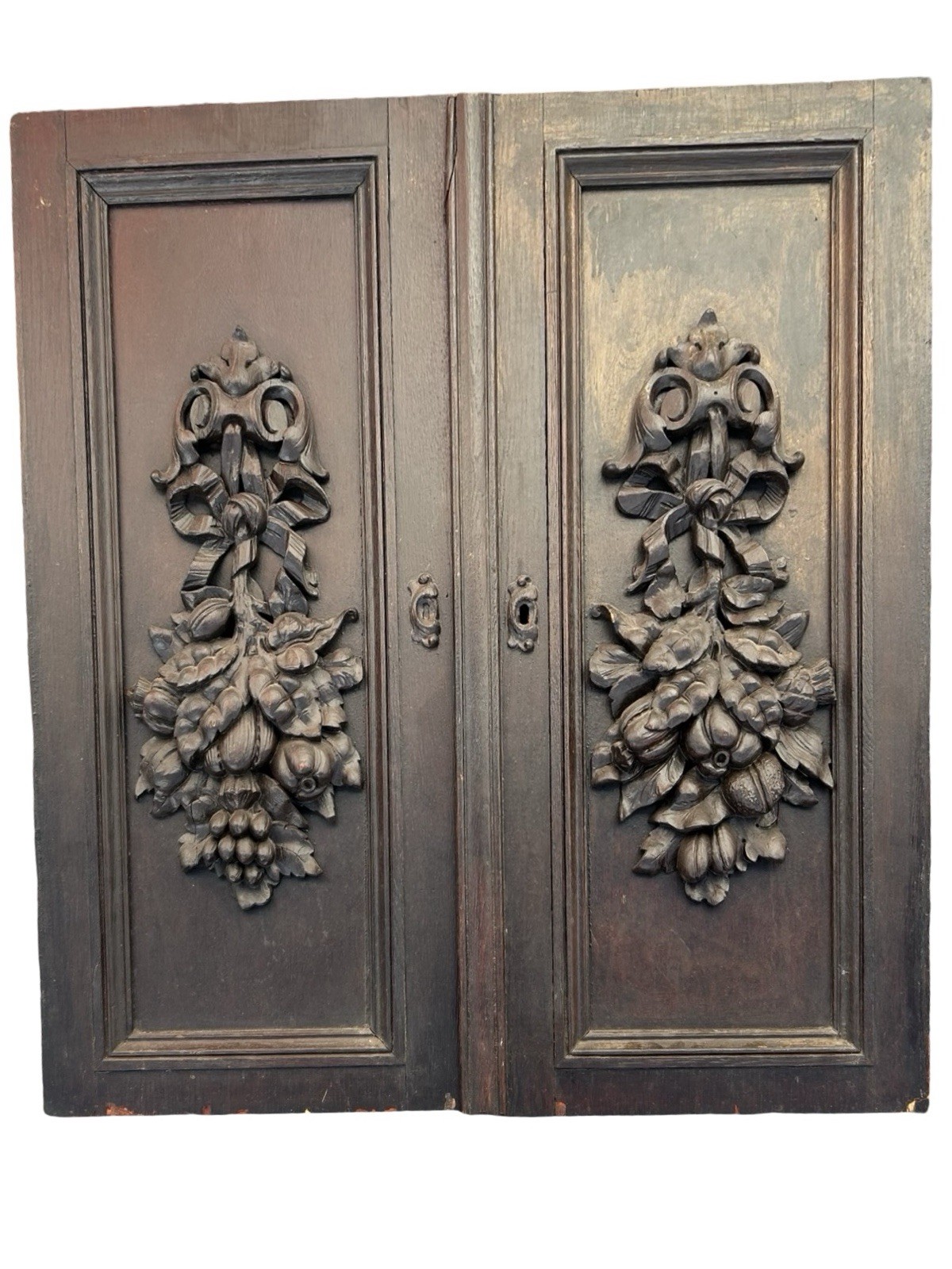 Antique Wooden Door Panels 35” Intricate High Relief Carving Fruit Bouquet Dark