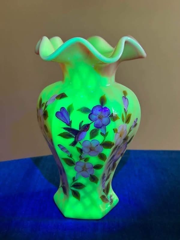 Fenton Burmese OOAK diamond optic hex vase hand painted by Pam Hayhurst Fenton Burmese OOAK diamond optic hex vase hand painted by Pam Hayhurst