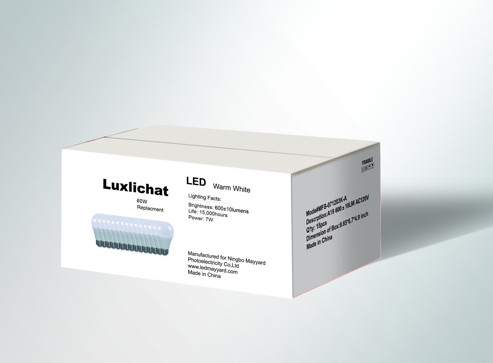 Luxlichat Dimmable 60W Equivalent A19 LED Light Bulb Warm White (3000K) -15 pack