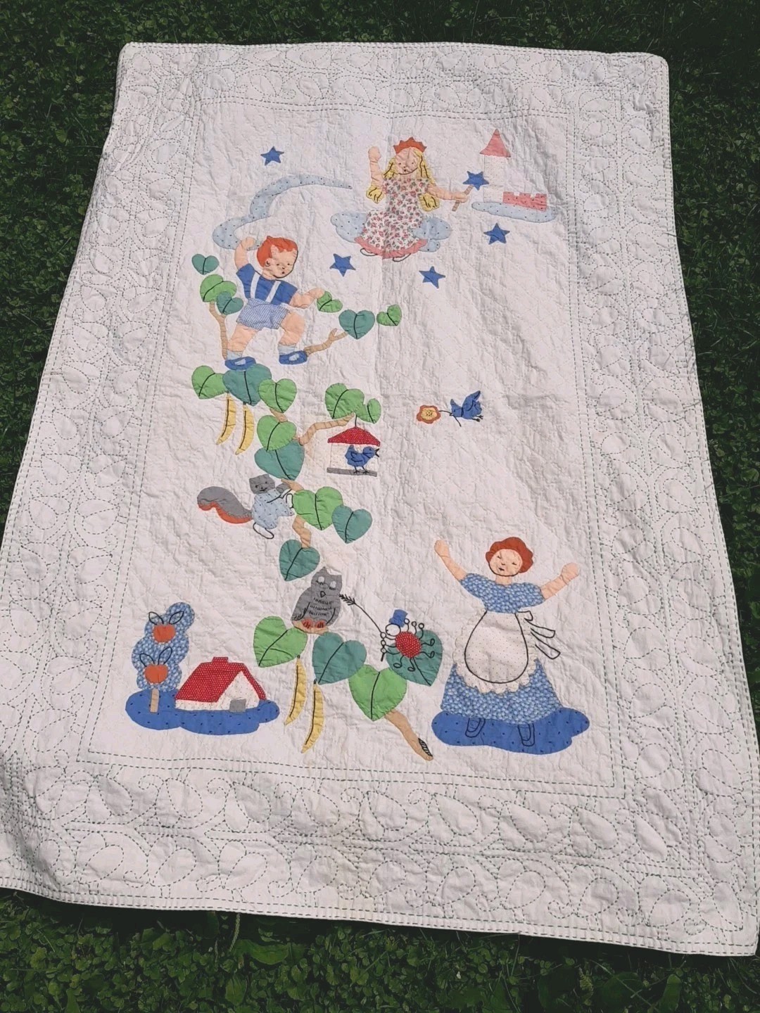 Vtg 1940s50s Hand Appliqued Childs Quilt Jack and the Beanstalk Fairy-tale 