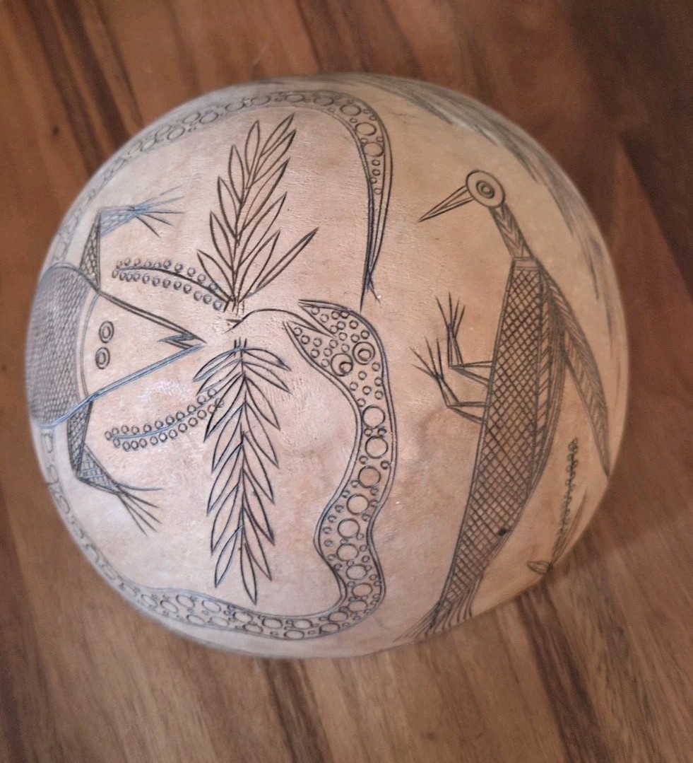 Vintage Hand Engraved Calabash Gourd Wall Art African Folk Art Snake Bird Lizard