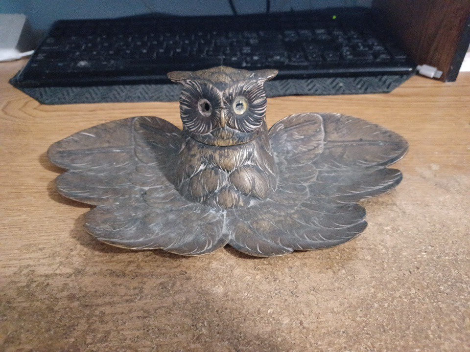 Vintage Brass? Metal Owl Inkwell w/Hinged Head, Damage *See Pictures* Heavy